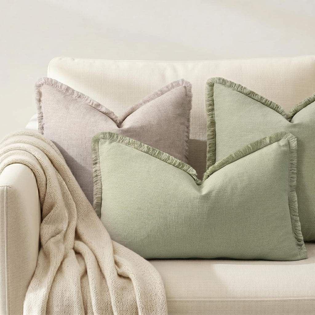 decorUhome Summer Decorative Neutral Linen Fringe Lumbar Throw Pillow Covers Set of 2 Sage Green Pillow Covers with Tassels Soft Farmhouse…