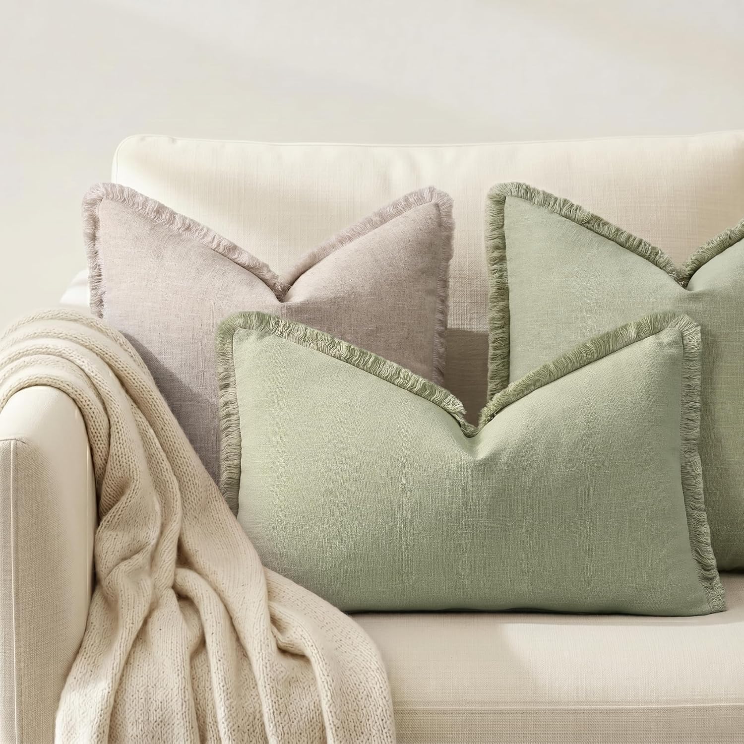 decorUhome Summer Decorative Neutral Linen Fringe Lumbar Throw Pillow Covers Set of 2 Sage Green Pillow Covers with Tassels Soft Farmhouse…