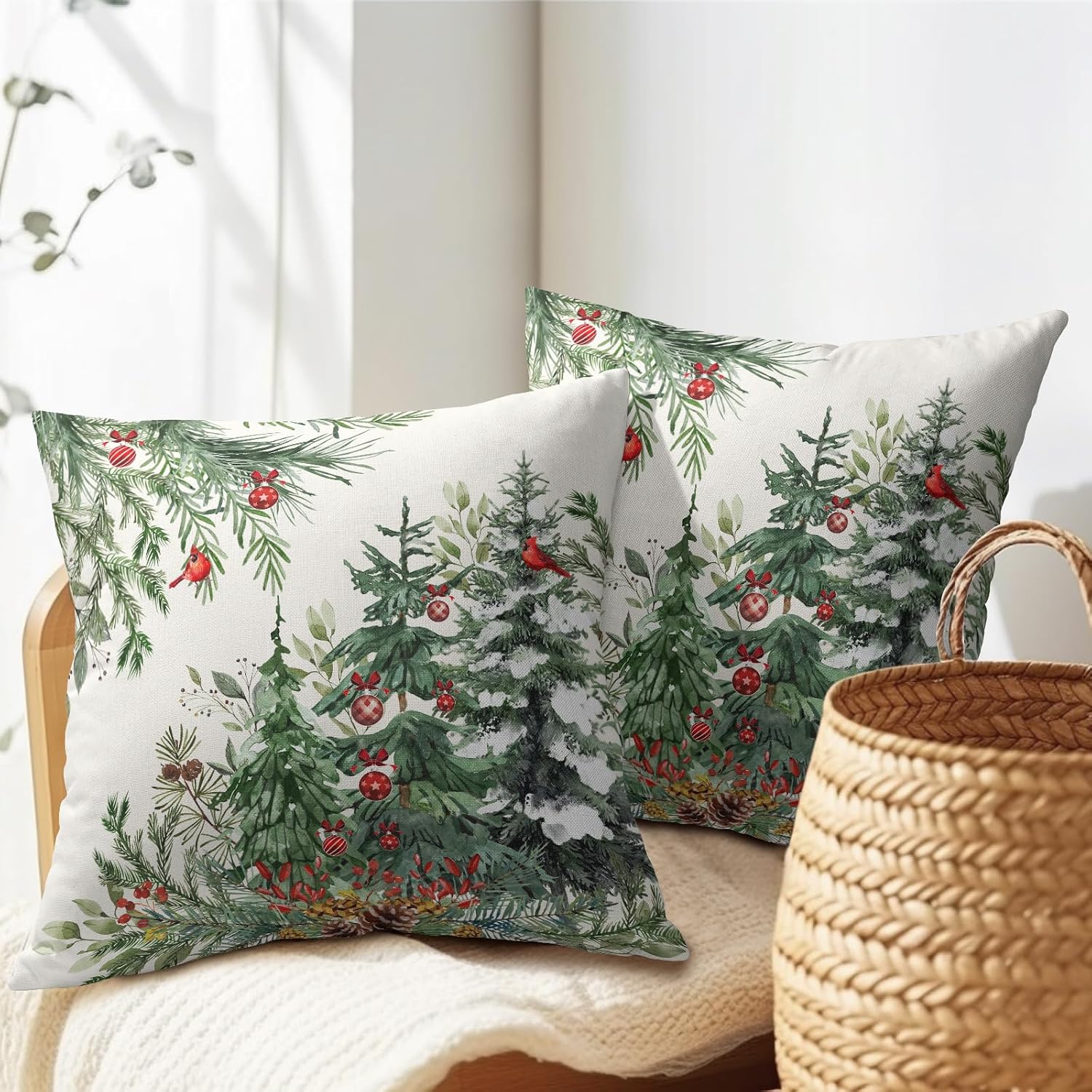 Granbey Green Christmas Tree Throw Pillow Covers 18x18 Inch Set of 2 Winter Pine Trees Red Berry Bells Birds Decorative Pillowcase Xmas Hol…