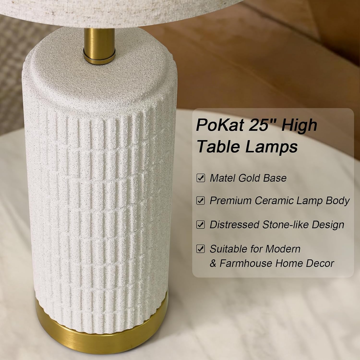 PoKat Farmhouse Table Lamps for Living Room Set of 2 with Gold Base, 25'' Stone-Like Bedside Lamps for Bedroom Night Stands, Ructic…
