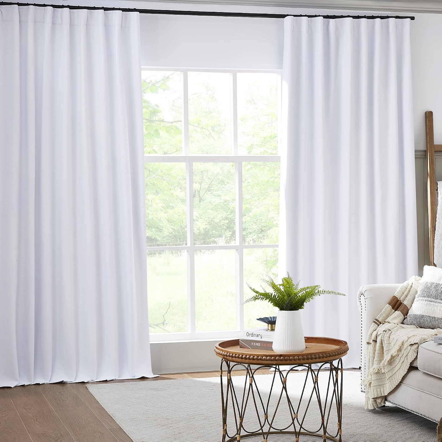 Keqiaosuocai White Linen Full Blackout Curtains for Living Room Track System, Farmhouse Patio Door Pleated Curtains Back Tab Drapes for Cou…
