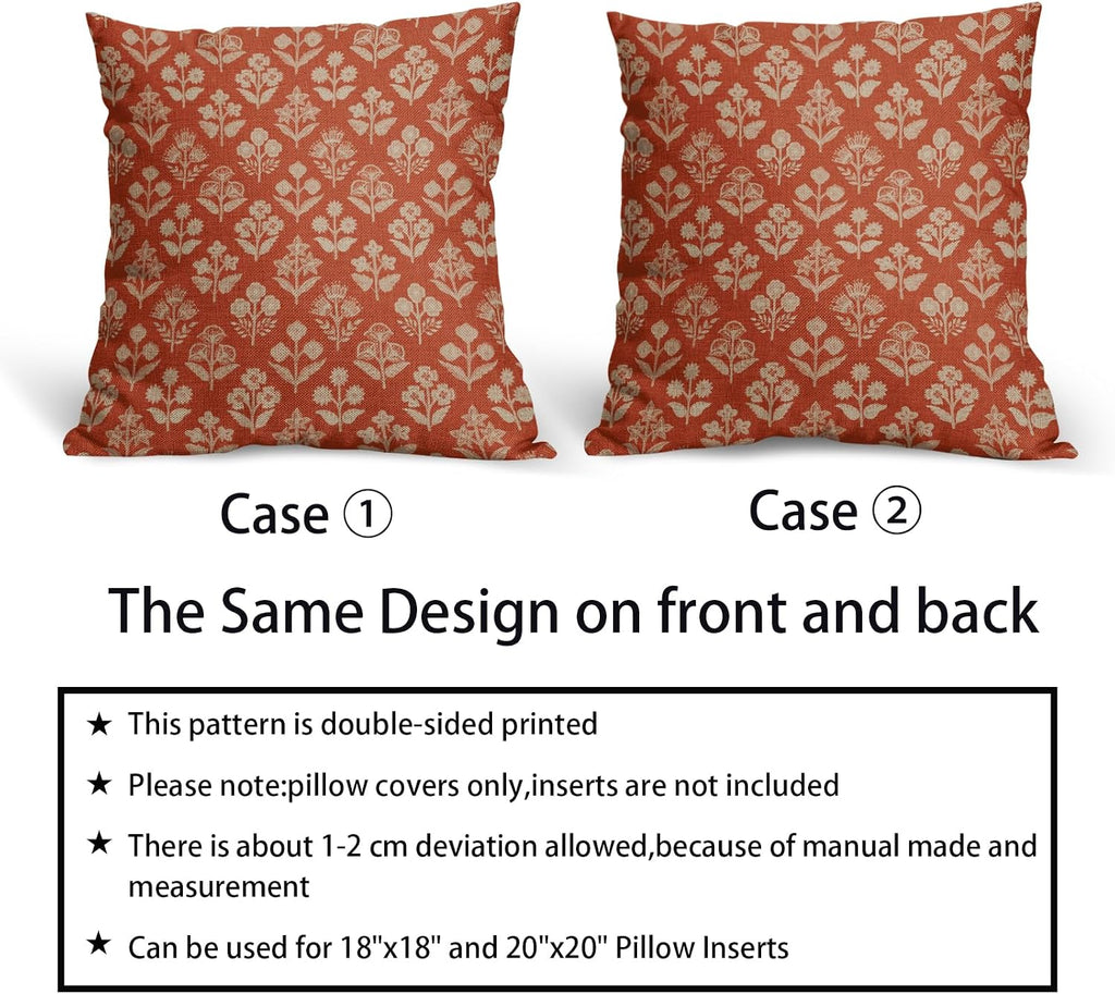 Dark Orange Floral Pillow Covers 22x22 Inch Set of 2, Vintage Flower Block Print Pattern Decorative Throw Pillowcases Outdoor Farmhouse…
