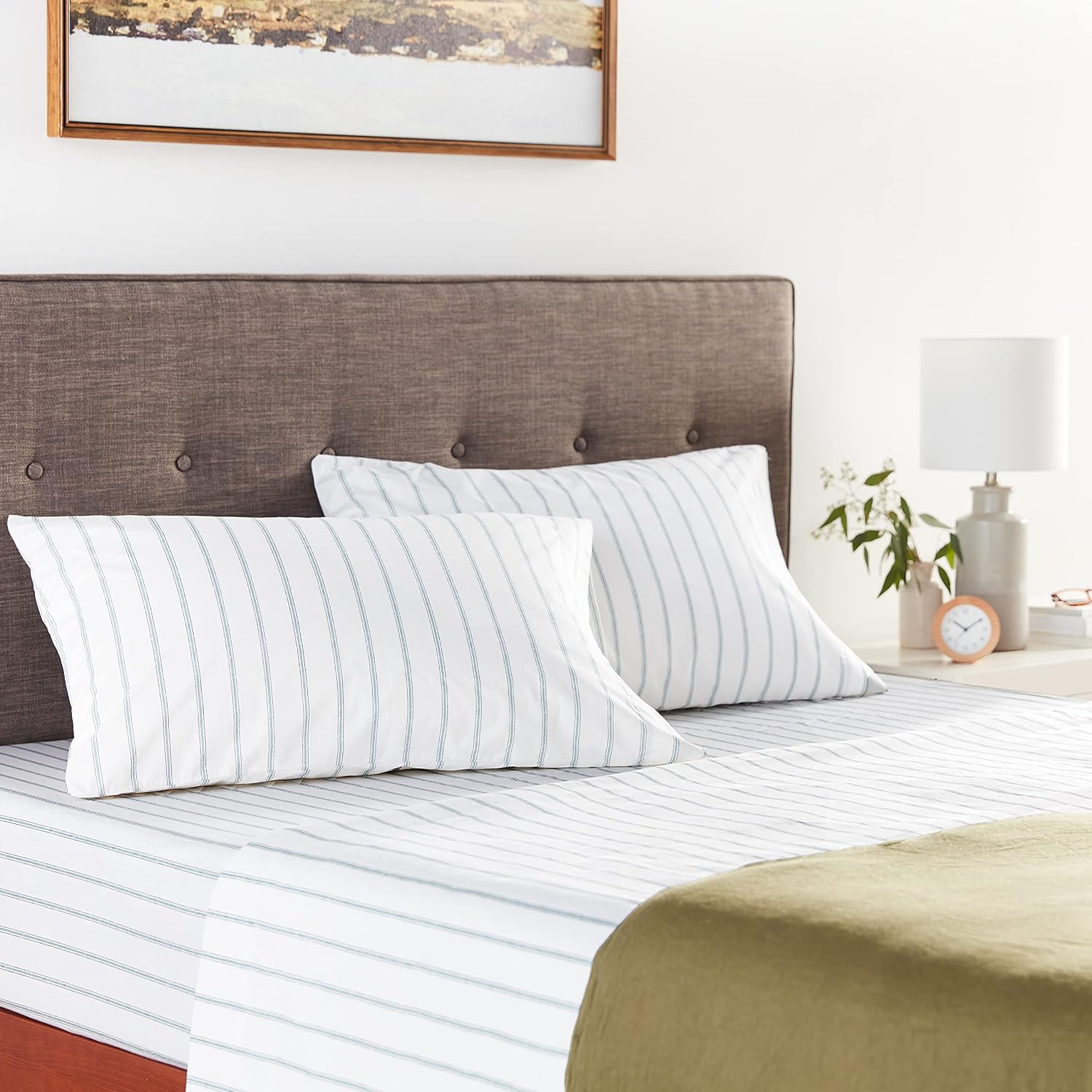 StoneCottage Stone Cottage - Queen Sheets, Cotton Percale Bedding Set, Crisp & Cool Home Decor (Trenton Stripe Green, Queen) Cotton Green