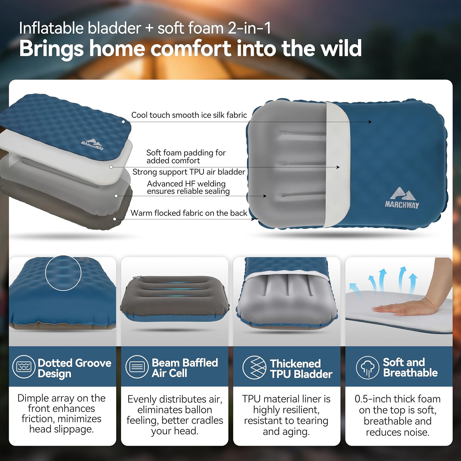 MARCHWAY Inflatable Camping Pillow with Soft Foam Top & TPU Air Bladder, Dual-Sided Support for All-Season, Lightweight Compact Travel…
