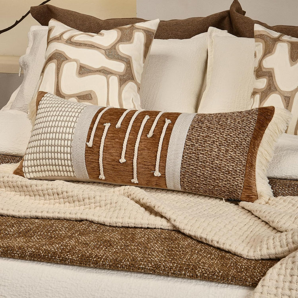 Aibuhome Decorative Lumbar Pillow Cover 12x28, Handwoven Boho Long Body Pillow for Bed Farmhouse Lumbar Throw Pillow, Cotton Linen Tassel C…