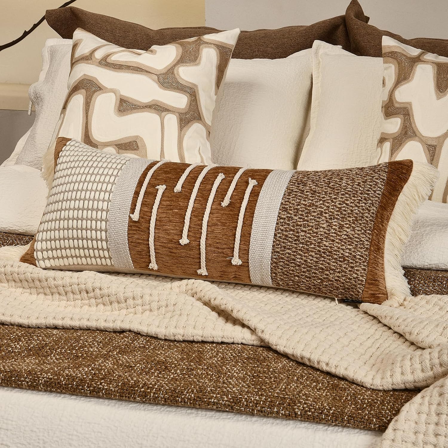Aibuhome Decorative Lumbar Pillow Cover 12x28, Handwoven Boho Long Body Pillow for Bed Farmhouse Lumbar Throw Pillow, Cotton Linen Tassel C…