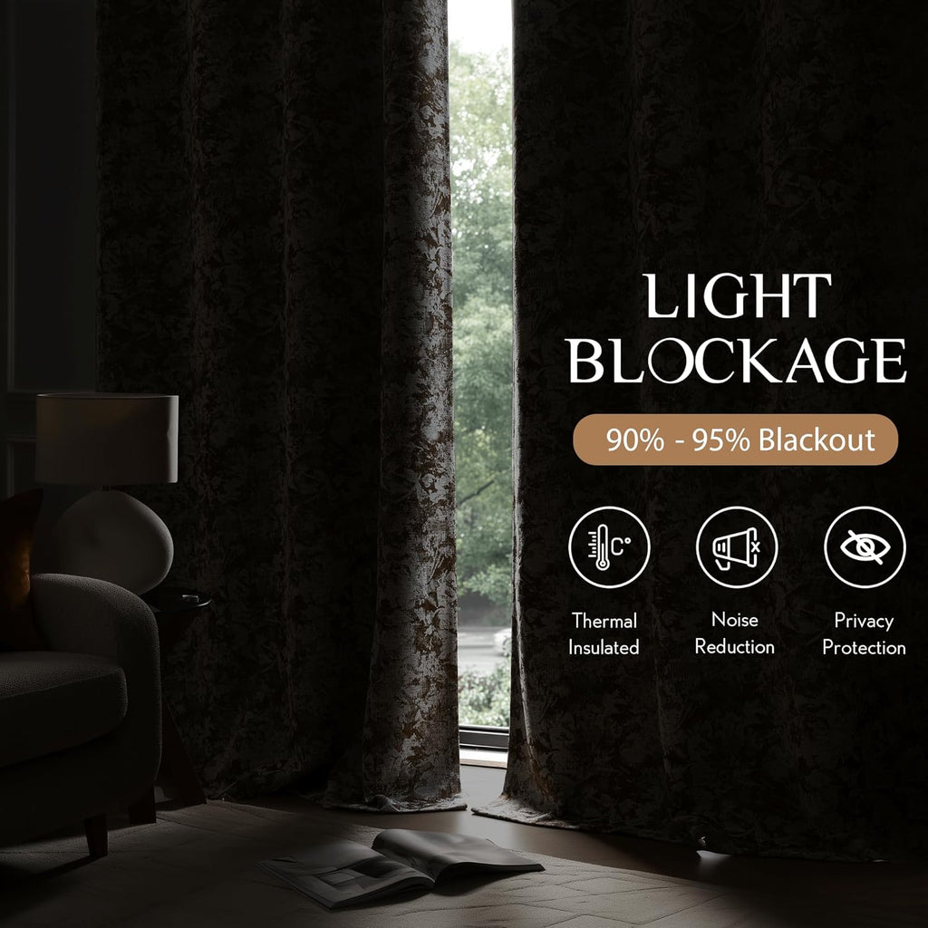 Beauoop Brown Floral Jacquard Blackout Curtains 96 Inches Long 2 Panels for Bedroom Living Room Chenille Flower Room Darkening Thermal…