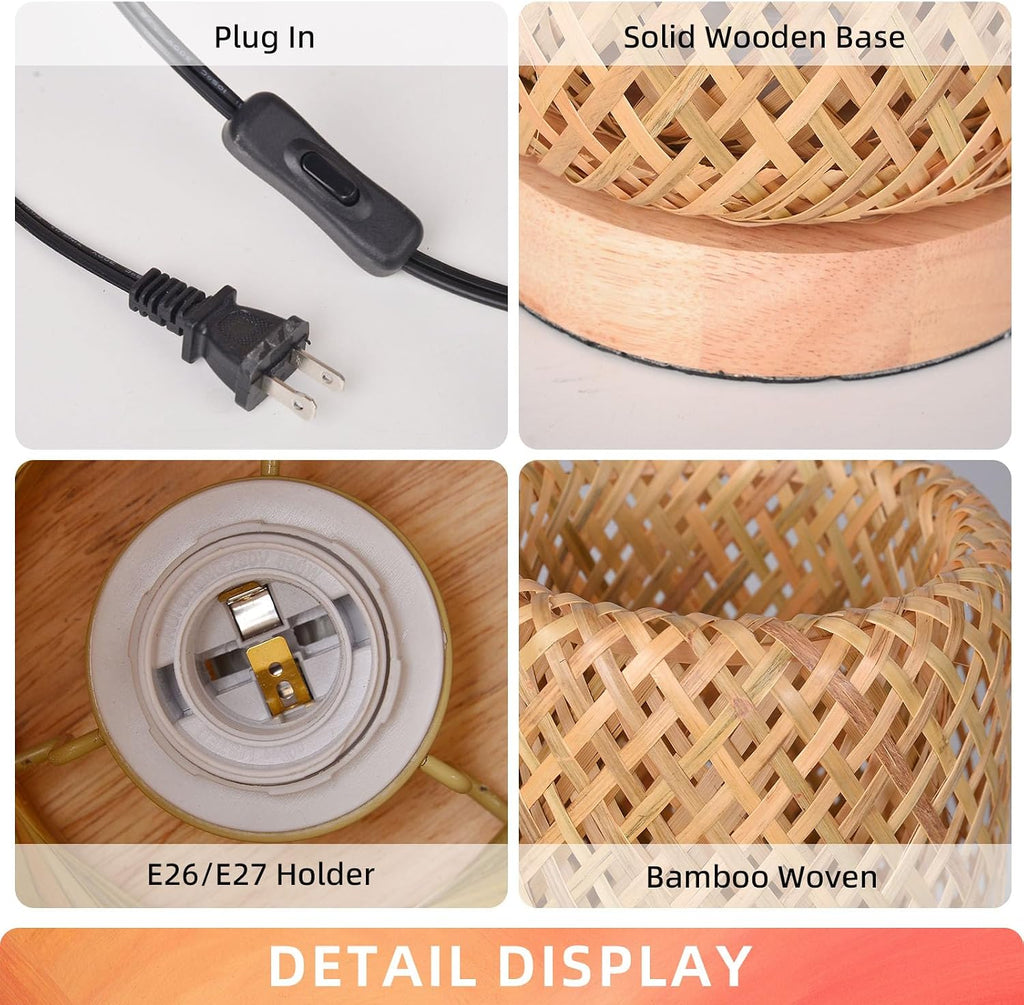 Arturesthome Bamboo Desk Light Woven Boho Beside Lamp Vintage Wicker Wooden Nightstand Lamp for Living Room, Kids Room, Nursery Room Decor