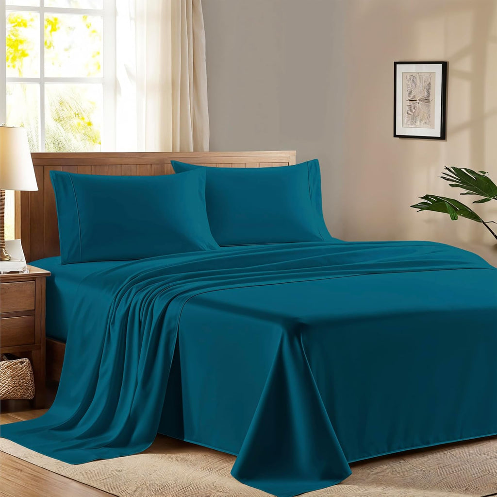 AshtonSheets 100% Egyptian Cotton Queen Size Sheet Set - 600 Series Refined Collection Sheets Set for Queen Size Bed (4 PC, Teal), Soft, Co…