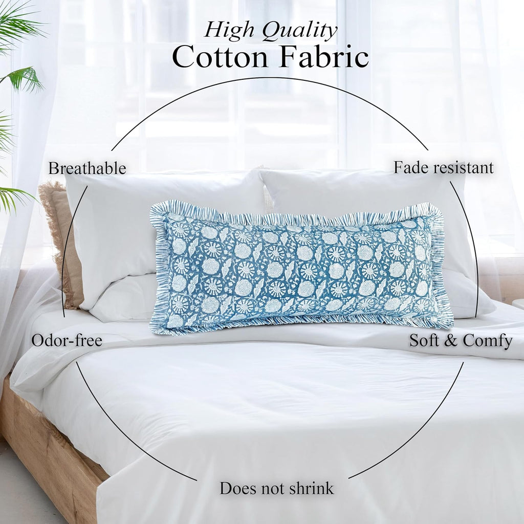 Cottonprintclub CPC Hand Block Print Blue Meadow Ruffle Sham Pillow Cover 36" x 14" inch Hidden Zipper Decorative Pillowcase for Couch, Bed…