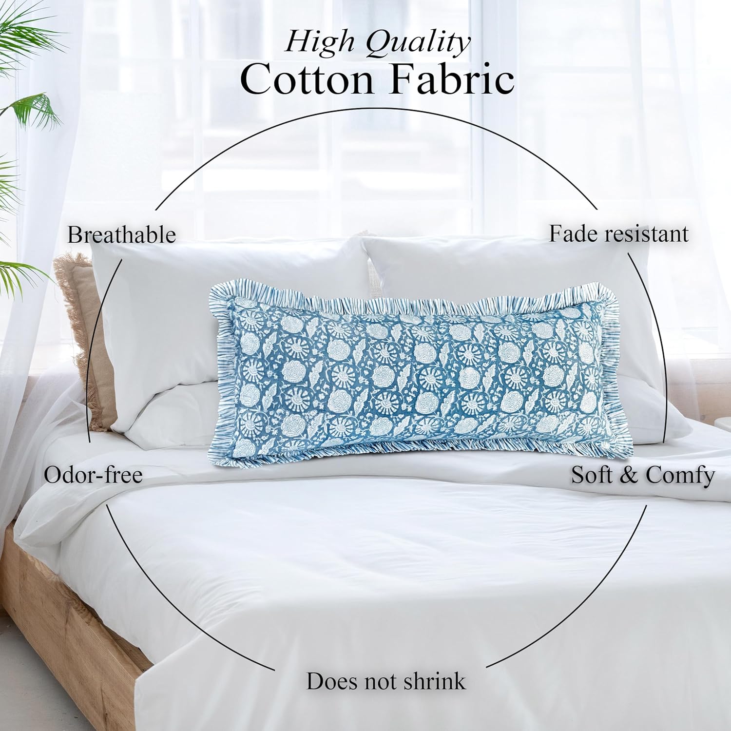 Cottonprintclub CPC Hand Block Print Blue Meadow Ruffle Sham Pillow Cover 36" x 14" inch Hidden Zipper Decorative Pillowcase for Couch, Bed…