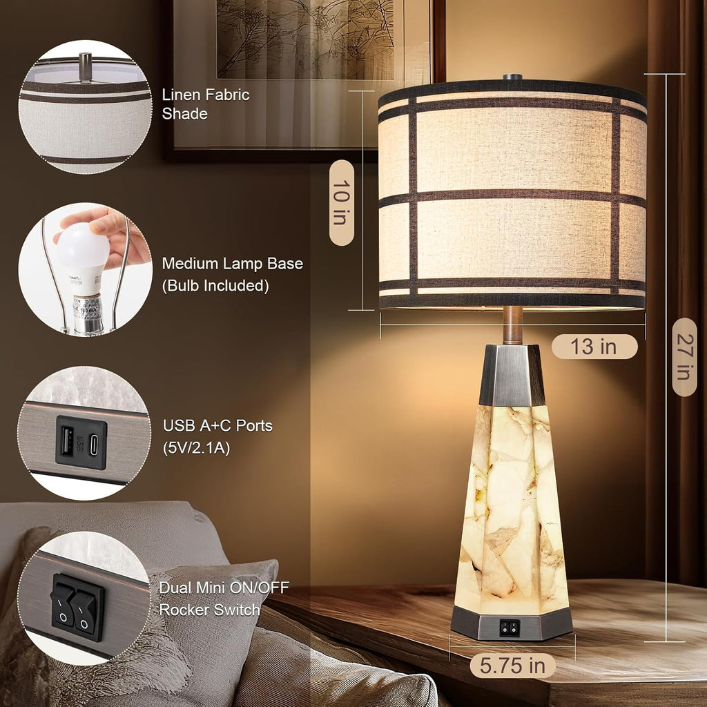 KIVDITZO 27" Alabaster Table Lamps for Living Room, Bedroom Lamps Set of 2 with Night Light, Living Room Lamps with USB A+C Ports, Table…