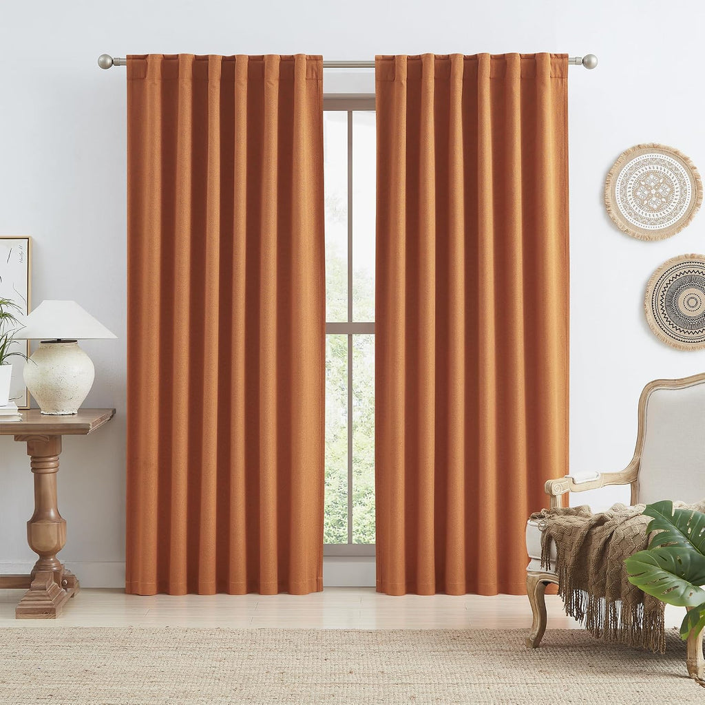 Keqiaosuocai Pumpkin Orange Linen Blackout Curtains 96 Inch Length 2 Panels Set, Back Tab Pocket Hook Belt Curtains for Living Room Boho Fal…