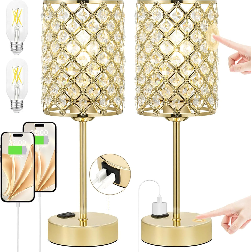 Touch Control Crystal Table Lamp-Dimmable Nightstand Lamp with USB-C+A & AC Charging Ports, 3-Way USB Gold Lamp, Bedside Desk Light for…