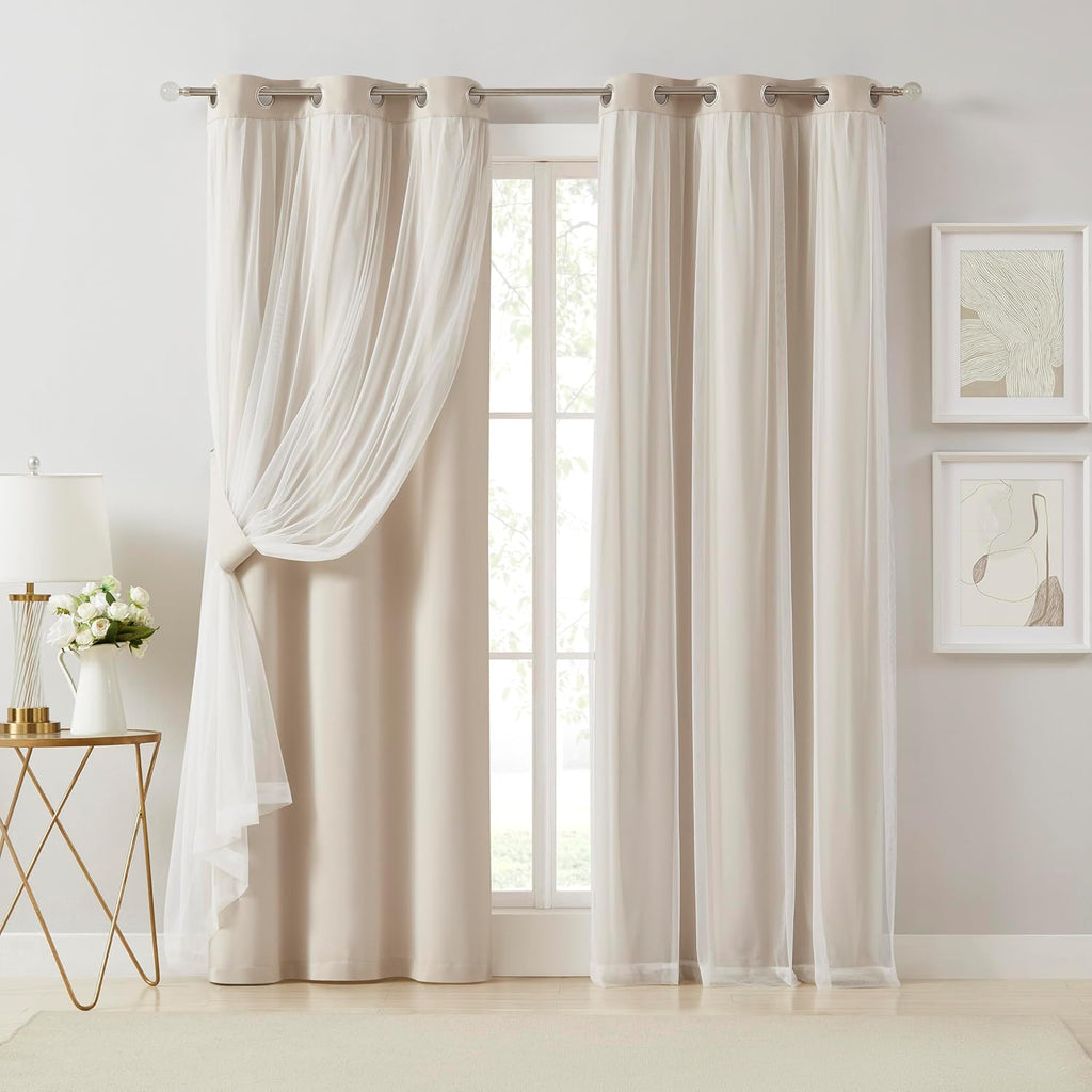 Bujasso Beige Moderate Blackout Curtains with Sheer Overlay Mix and Match Double Layer Thermal Insulated Window Panels 72 inch for Bedroom…