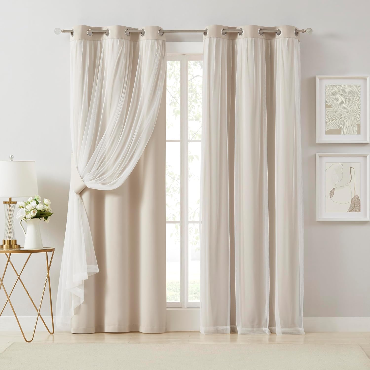 Bujasso Beige Moderate Blackout Curtains with Sheer Overlay Mix and Match Double Layer Thermal Insulated Window Panels 72 inch for Bedroom…