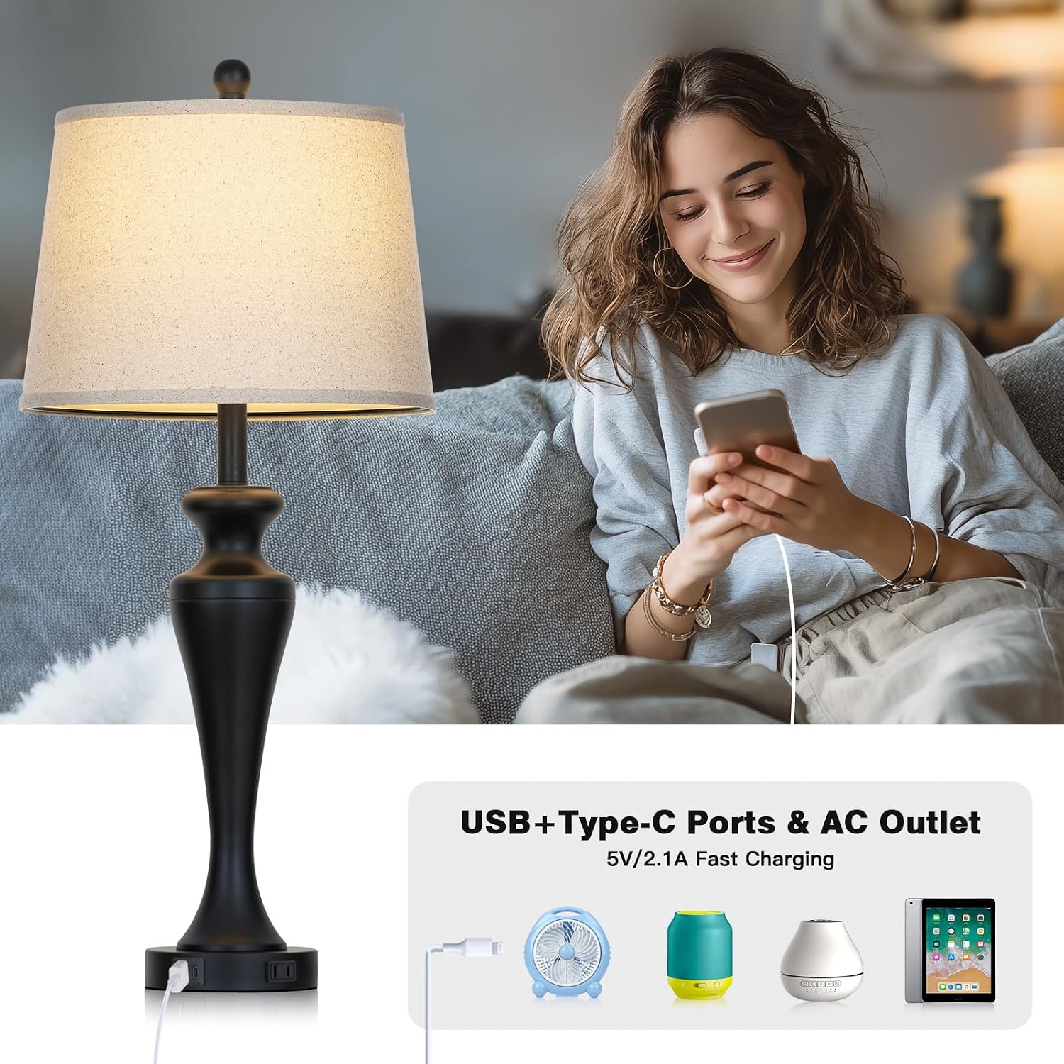 Ruzectt 30" Table Lamp Single, 3-Way Dimmable Touch Bedside Lamp with USB A+C Ports and AC Outlet, Tall Living Room Lamps for Side Table…