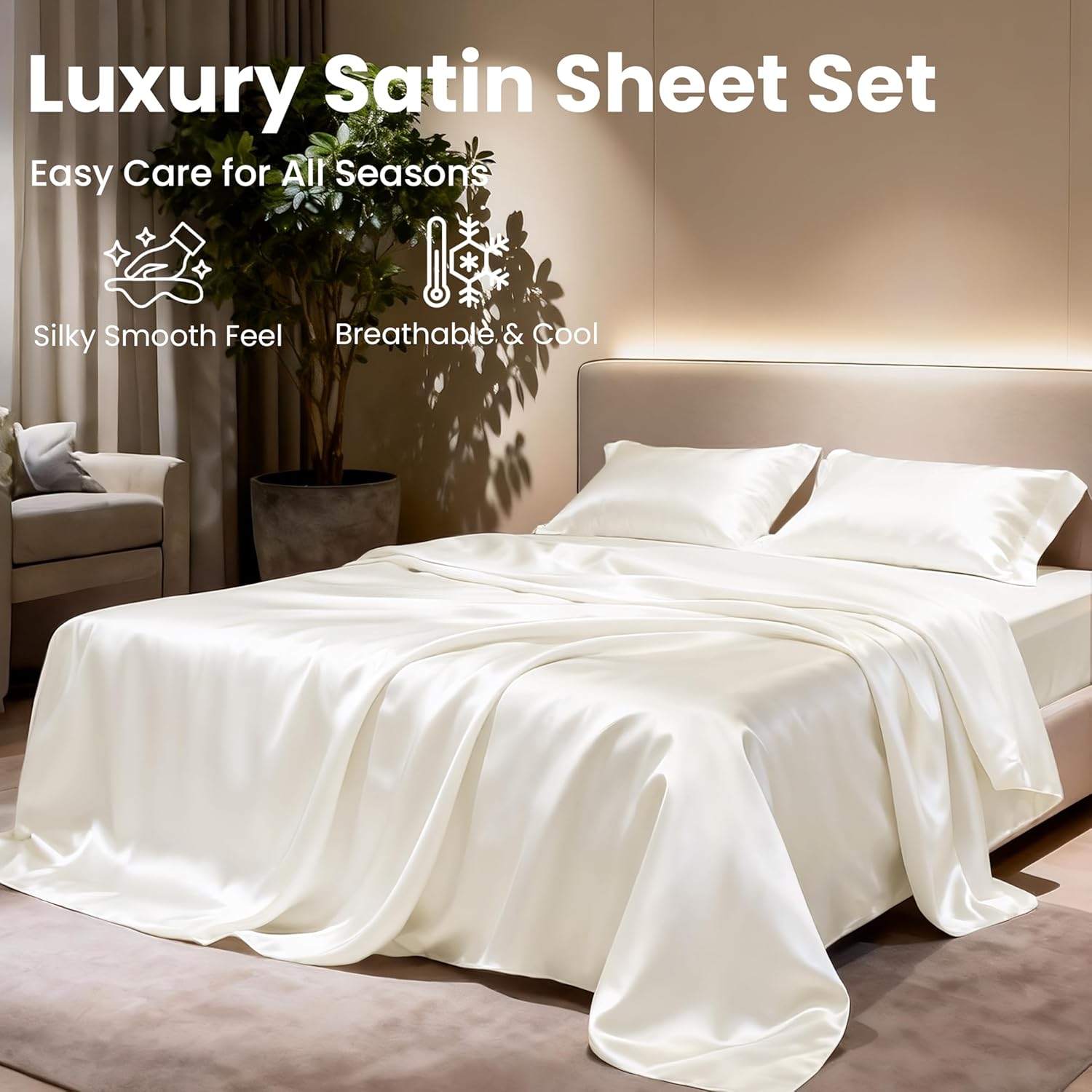 Lovescabin Love's cabin California King Satin Sheet Sets - 4 Piece Ivory Silky Sheets Bed Set with Deep Pocket, Luxury Silk Feel Satin Cal…