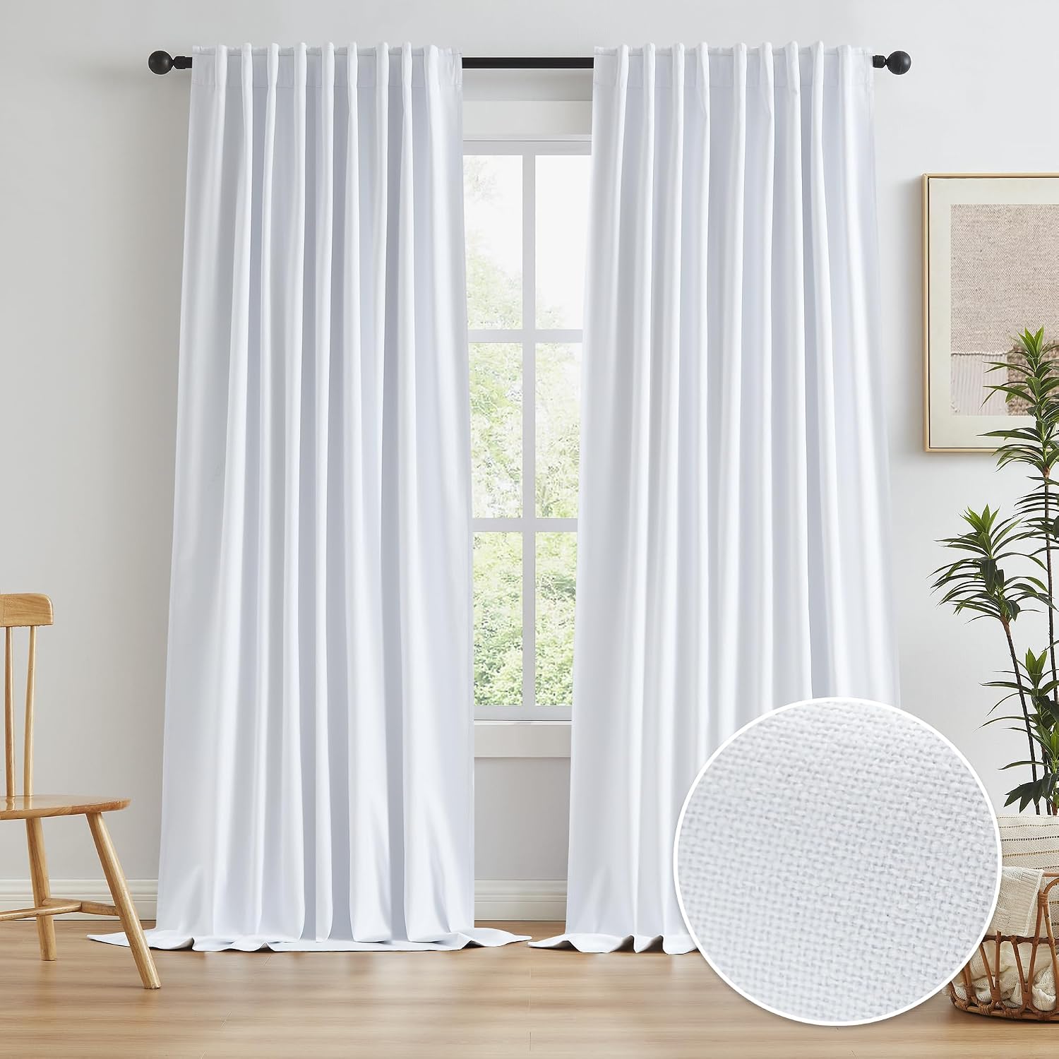 Keqiaosuocai White Linen Full Blackout Curtains for Living Room Track System, Farmhouse Patio Door Pleated Curtains Back Tab Drapes for Cou…
