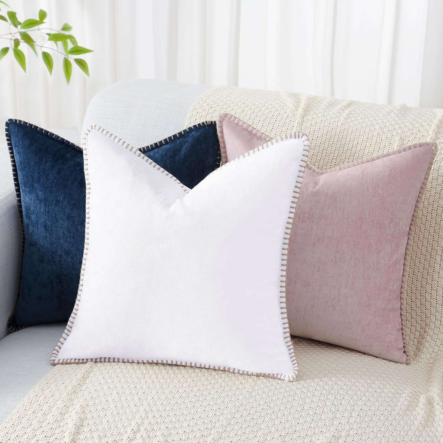decorUhome Summer Chenille Soft Cozy Throw Pillow Covers 12x20 Set of 2, Modern Farmhouse Boho Velvet Decorative Pillow Cases with Stitched…