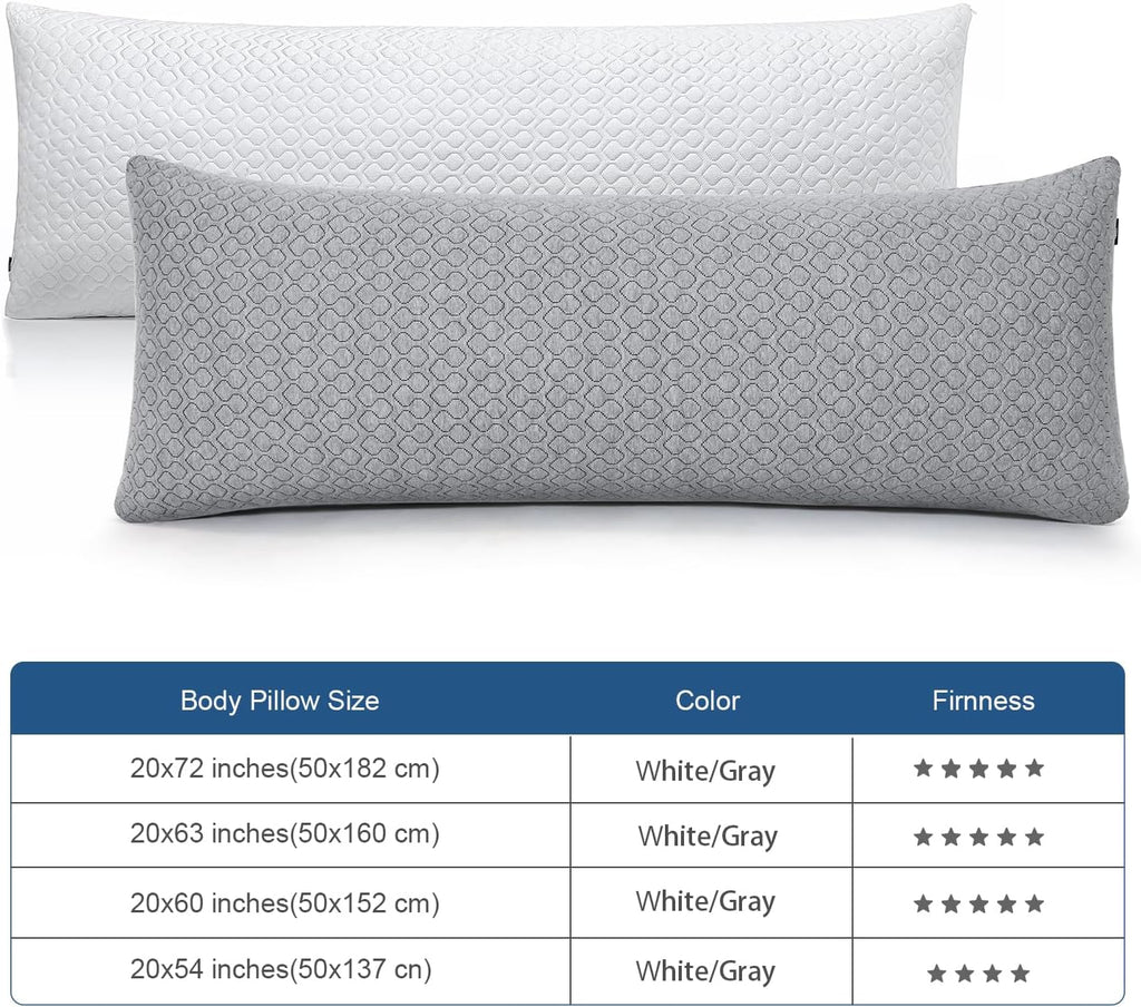 Rainmr Extra Long Body Pillow Memory Foam 160x50cm – Body Pillows for Anime Pillowcase – with Cooling Gray Pillow Cover 20 x 63 inches