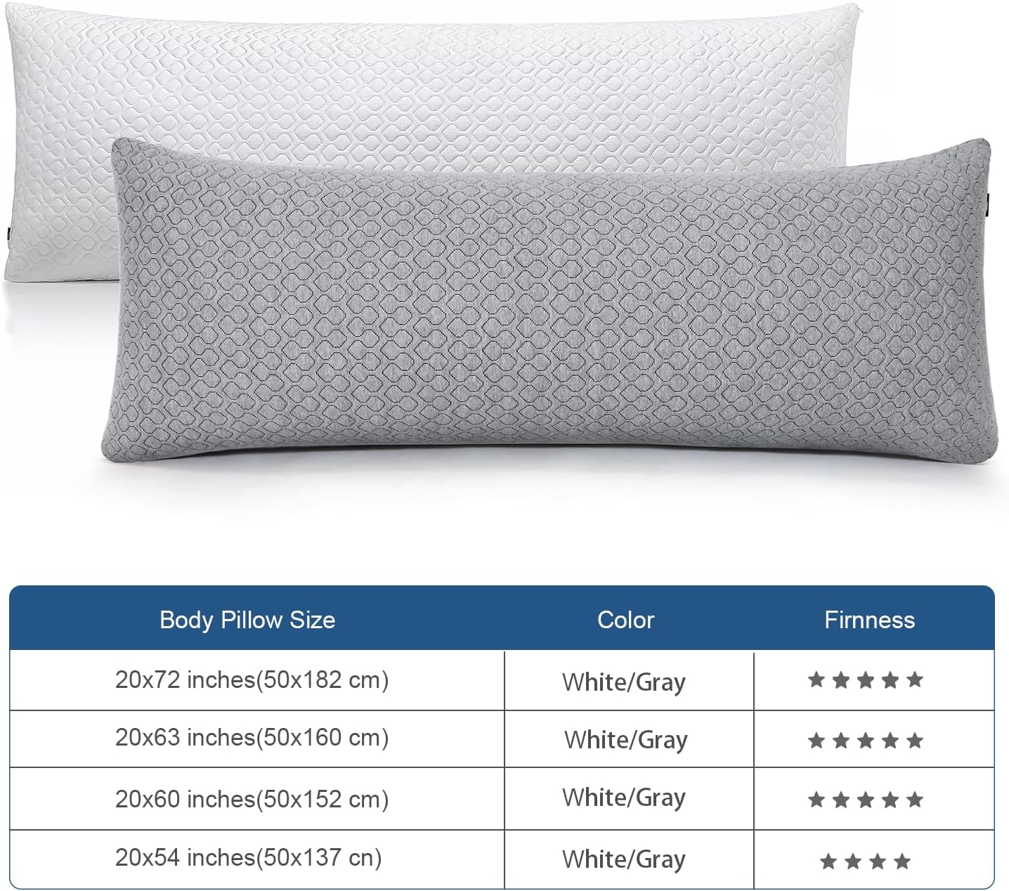 Rainmr Extra Long Body Pillow Memory Foam 160x50cm – Body Pillows for Anime Pillowcase – with Cooling Gray Pillow Cover 20 x 63 inches