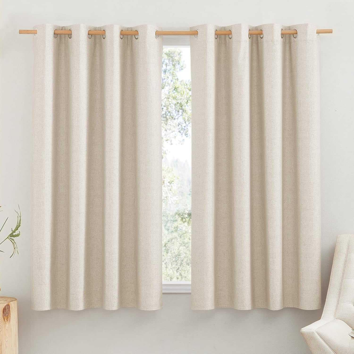 NICETOWN 100% Absolutely Blackout Linen Curtains with Thermal Insulated White Liner, Beige, 52" Wide by 45" Long, 2 Pieces, Anti-Rust…