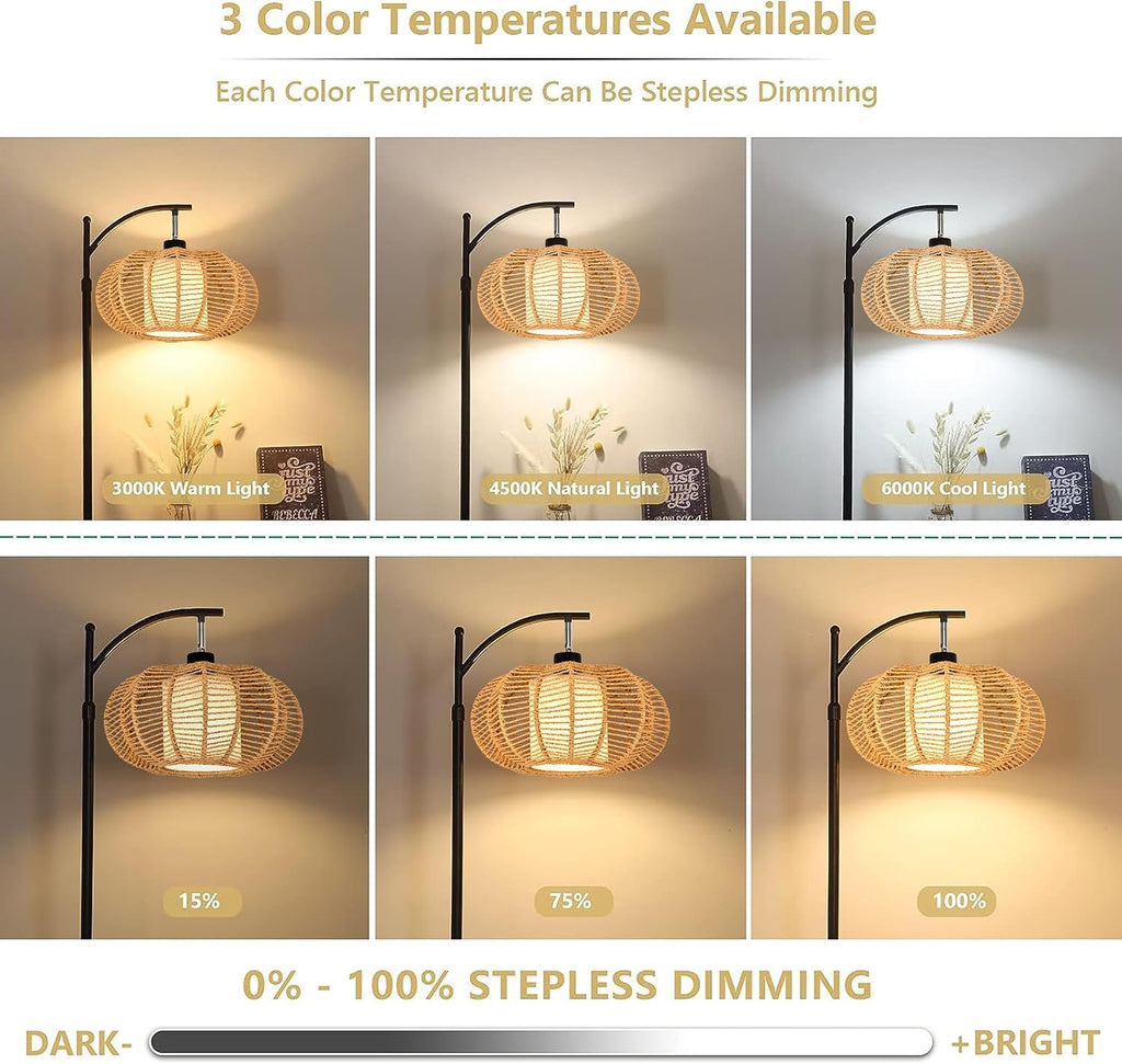 ZECOXOL Arc Floor Lamps for Living Room Bedroom Rattan Boho Floor Lamp with Remote Control, Dimmable Led Standing Lamp Wicker Lamp Shade…
