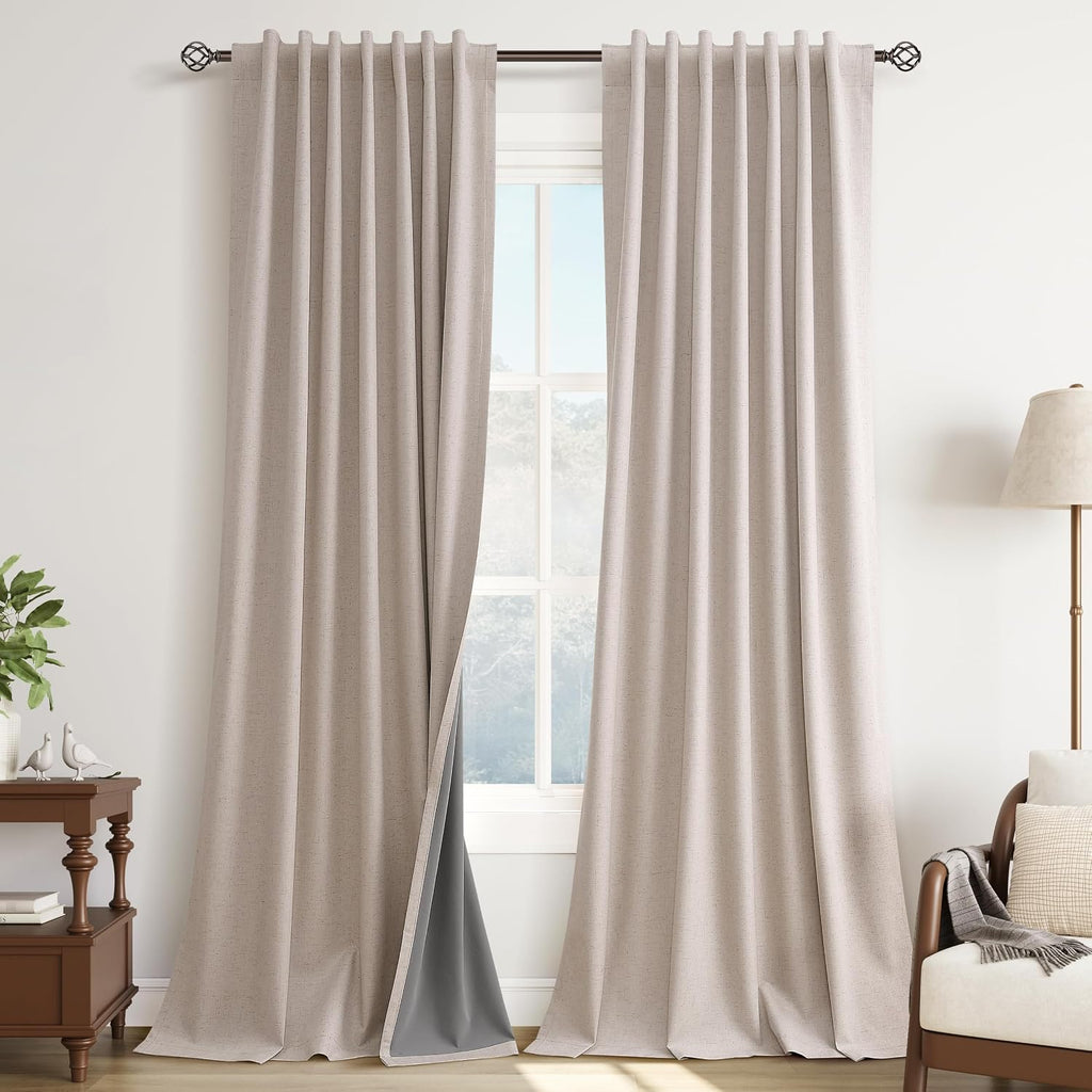 Guken Oatmeal 100% Blackout Linen Curtains for Bedroom 108 Inch Length Hook Belt Textured Neutral Room Darkening Thermal Insulated Soundpro…