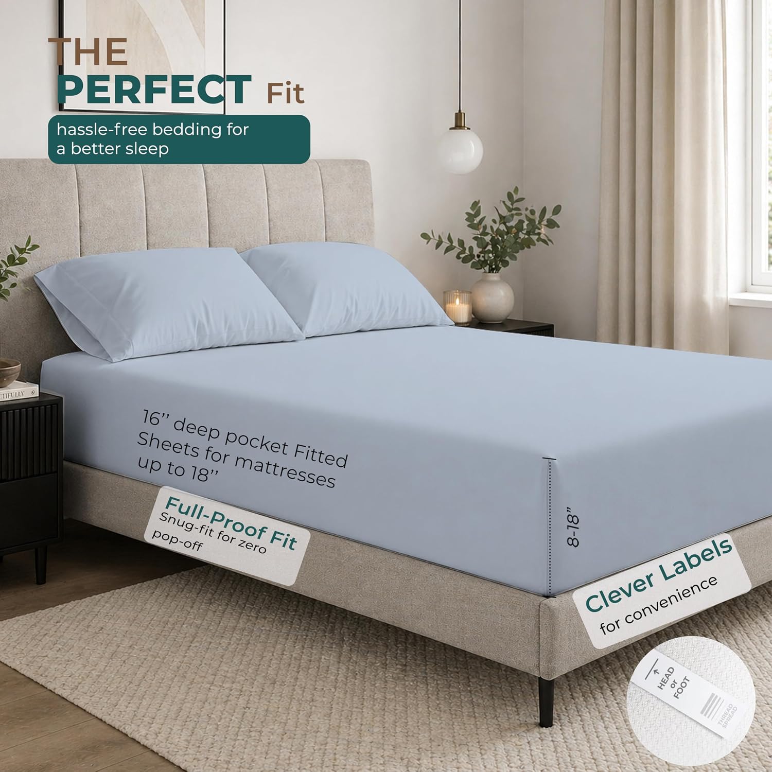 THREAD SPREAD Egyptian Cotton Twin XL Sheet Set – 300 Series 16" Deep Pocket Extra Long Twin Sheets for Dorm Room (4 PC, Light Blue)…