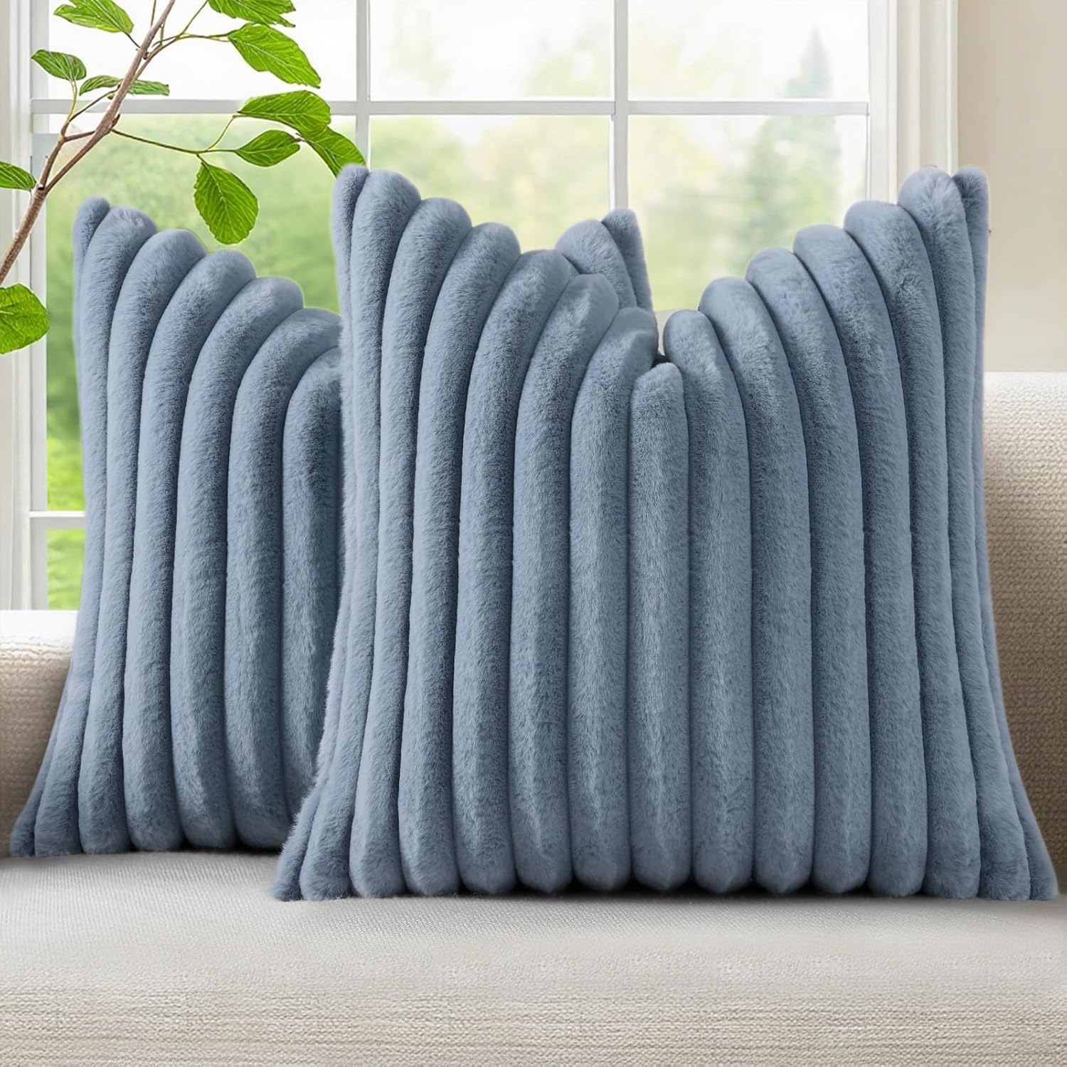 decorUhome Cozy Faux Fur Throw Pillow Covers 26x26 Set of 2 Decorative Soft Plush Striped Modern Farmhouse Boho Couch Euro Sham Pillow Case…
