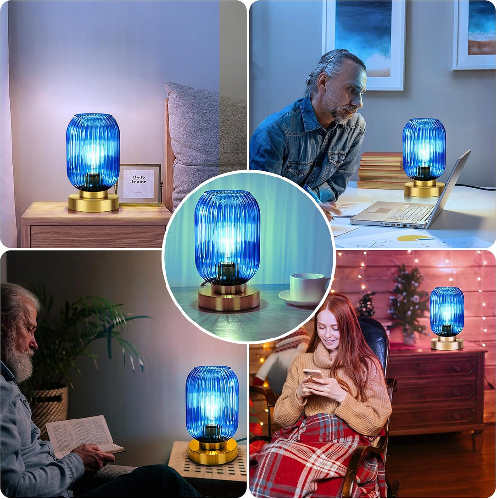 Mid Century Modern Table Lamp with Blue Ribbed Glass Shade, Touch Control & 3 Way Dimmable, Small Gold, Vintage Bedside Lamp for Bedroom…