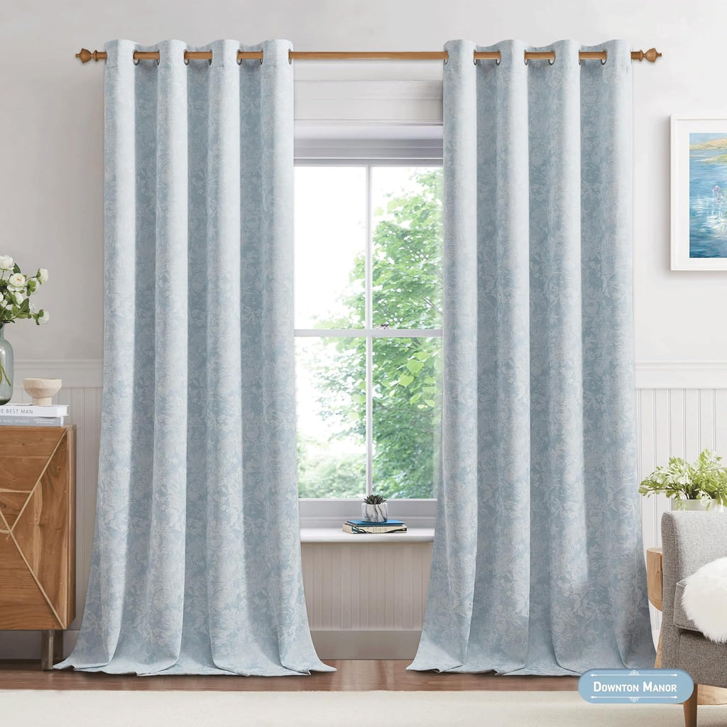 Beauoop Blue Floral Jacquard Blackout Curtains 120 Inches Long 2 Panels for Bedroom Living Room Chenille Flower Room Darkening Thermal…
