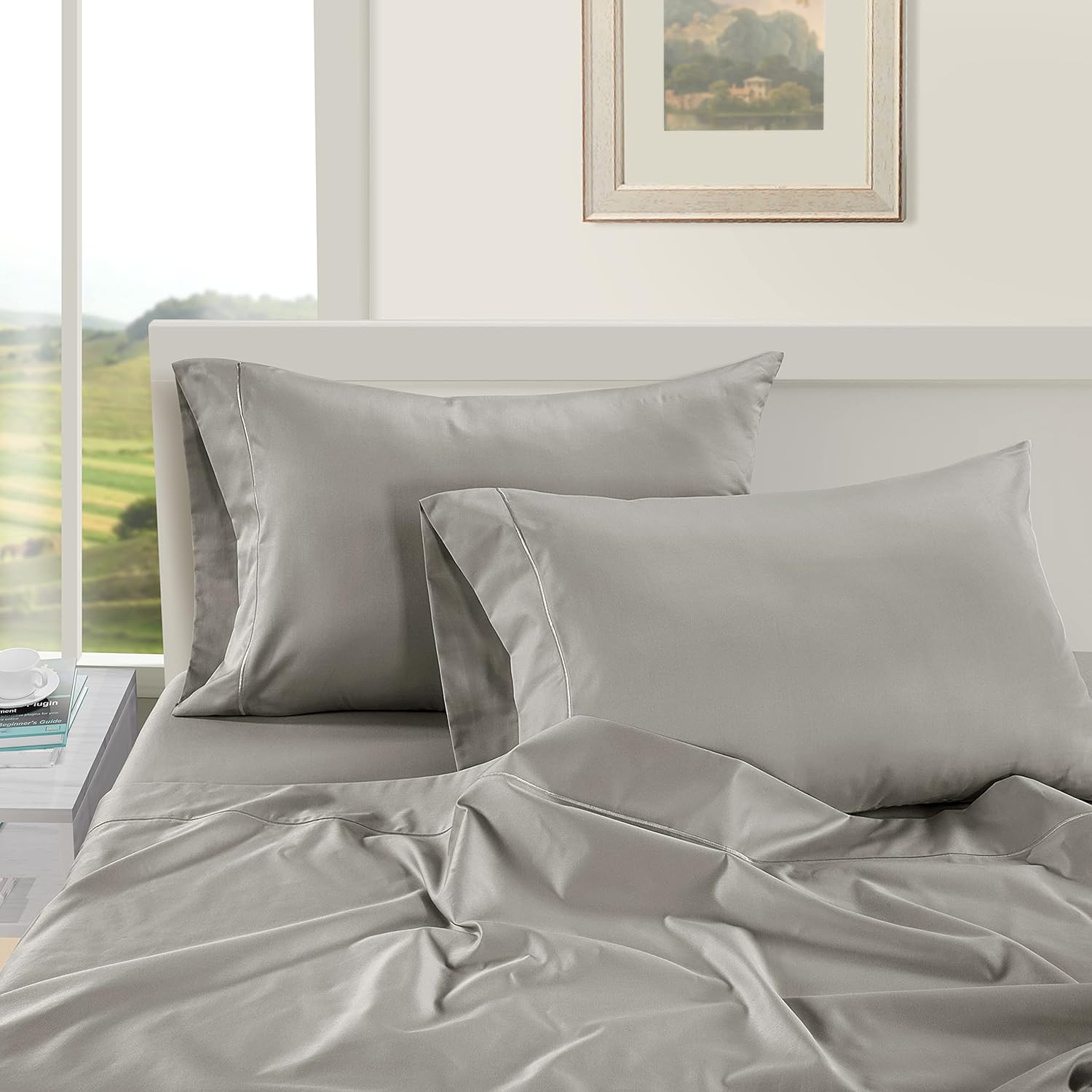 LaneLinen LANE LINEN Pillows Queen Size Set of 2 Soft 100% Egyptian Cotton Cool & Smooth Pillow Cases - Silver Cotton Silver