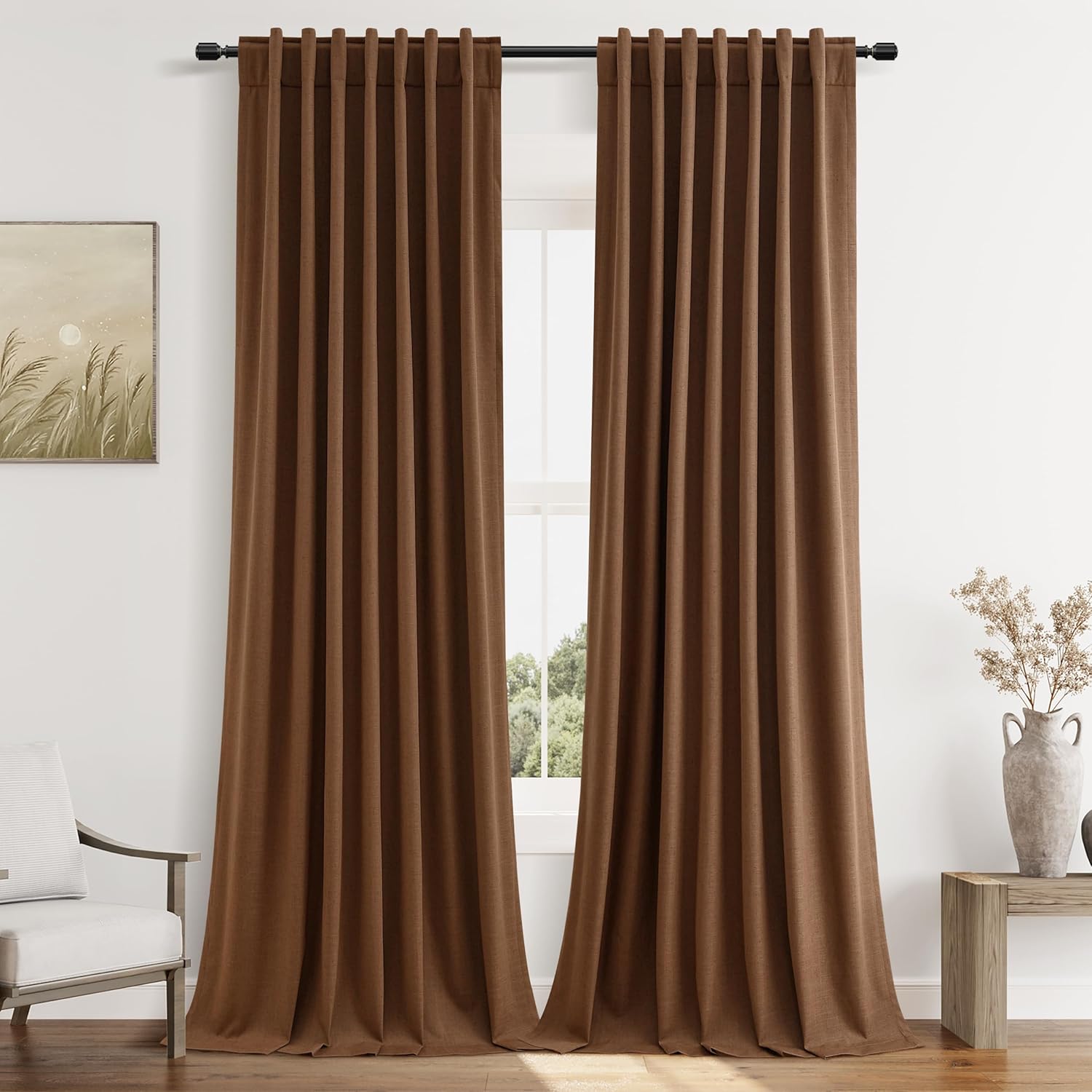 Guken Caramel Brown 100% Blackout Linen Curtains 120 Inch Length 2 Panels Set for Living Room Bedroom Back Tab/Rod Pocket Thermal Insulated…