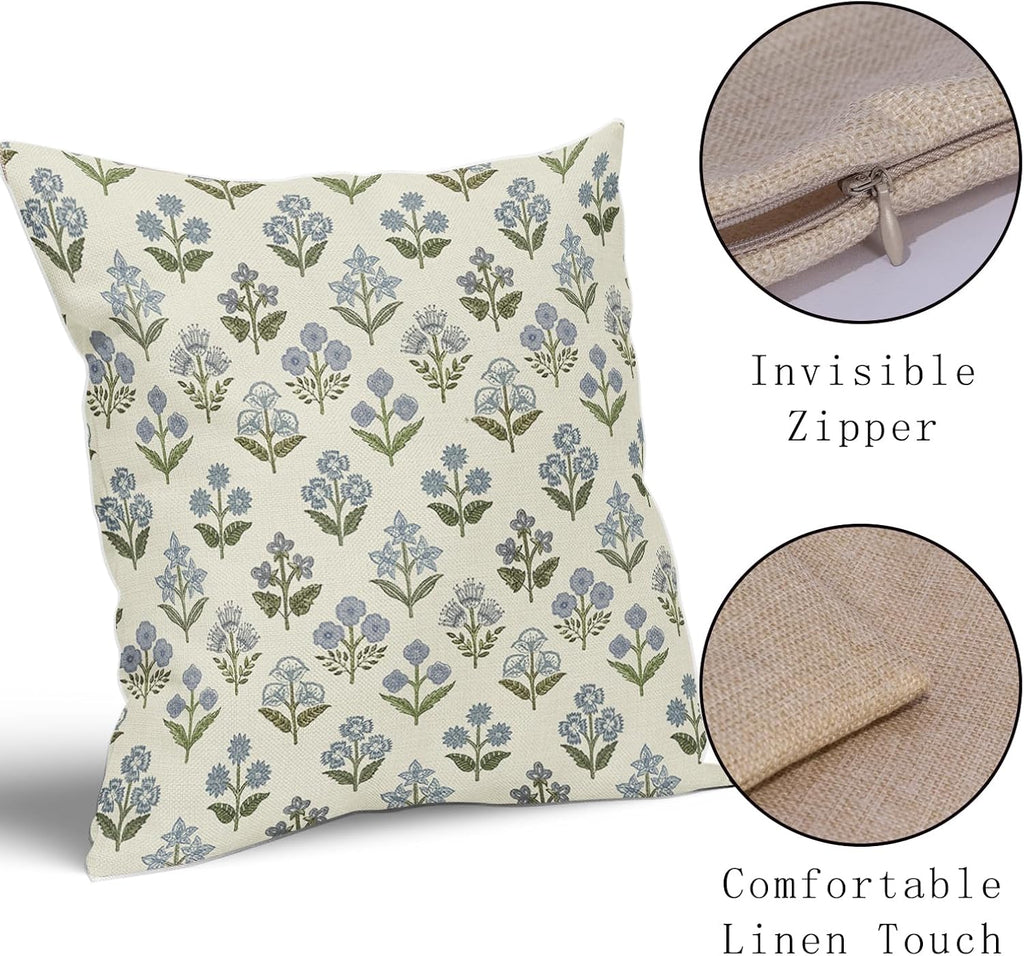 Blue Green Block Print Pillow Covers 20x20 Inch Set of 2, Vintage Floral Spring Decorative Throw Pillow Cases Boho Cushion Covers Rustic…