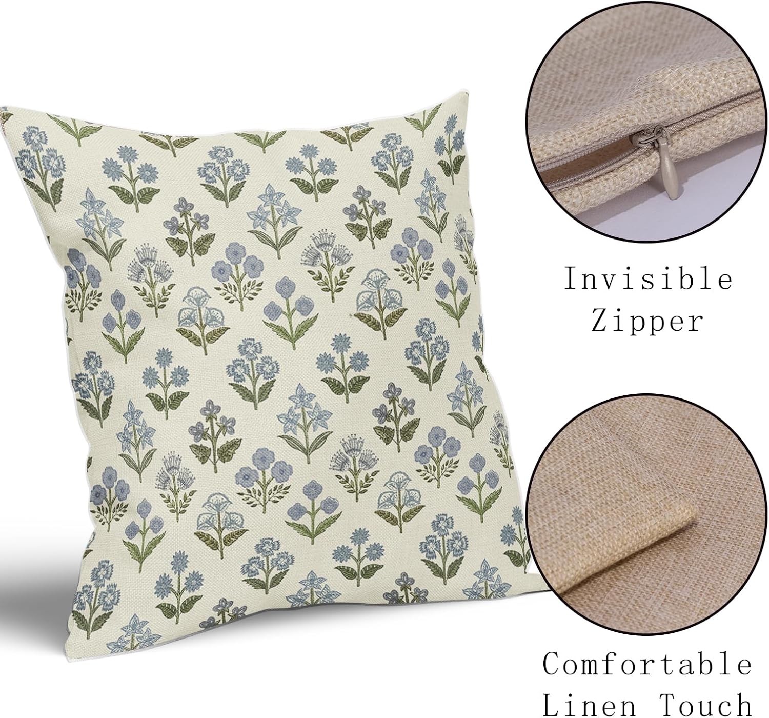 Blue Green Block Print Pillow Covers 16x16 Inch Set of 2, Vintage Floral Spring Decorative Throw Pillow Cases Boho Cushion Covers Rustic…