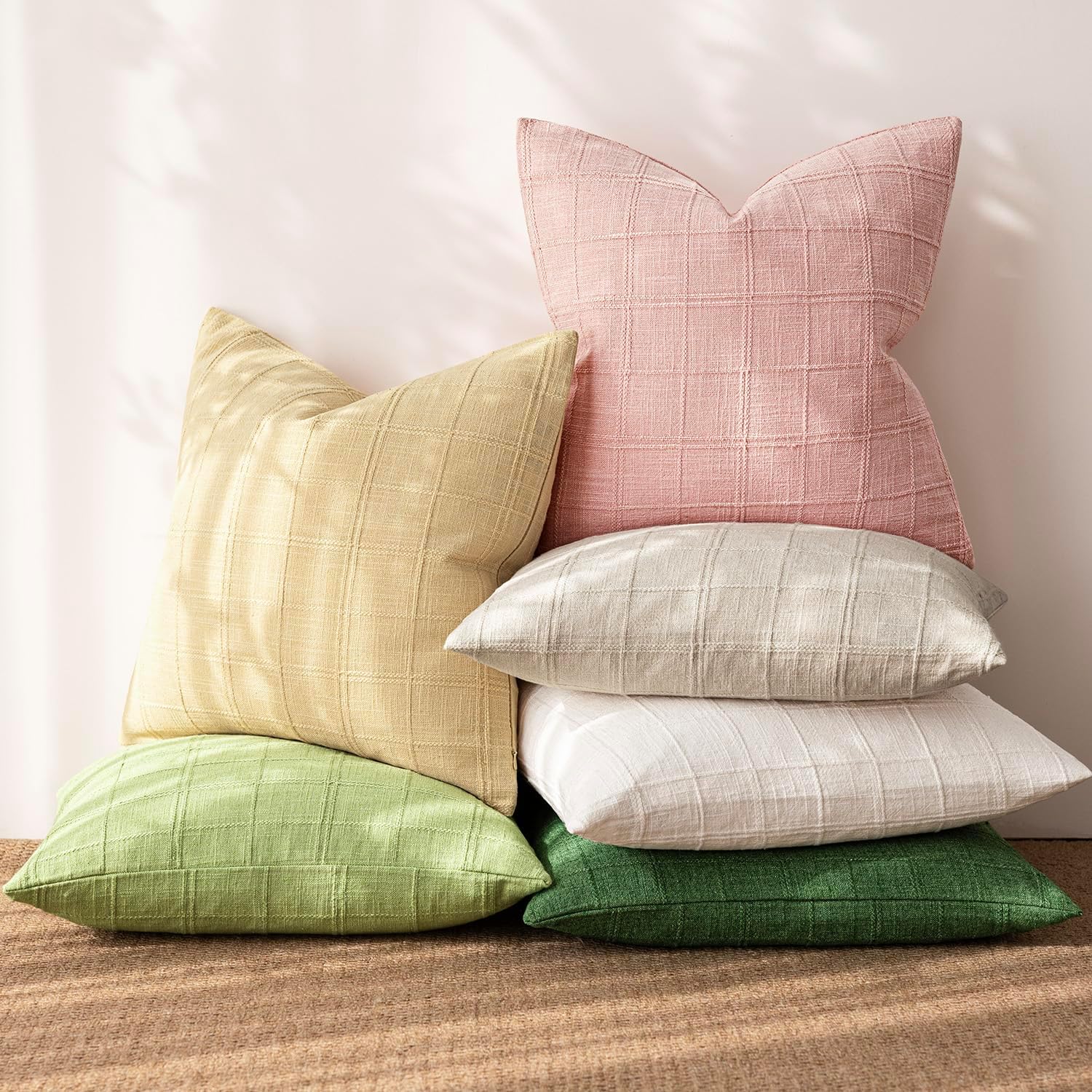 Foindtower Set of 1 Decorative Linen Check Throw Pillow Cover Neutral Farmhouse Vintage Cushion Cover Modern Coastal Boho Accent Home…