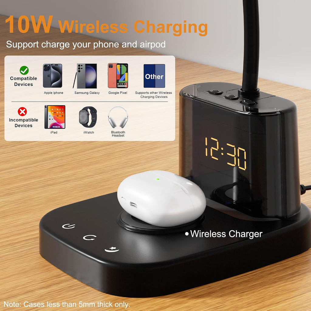 Desk Lamp, Bedside Table Lamps with Wireless Charger and Clock, 30Mins Auto-Off Night Light Lamp, 3 Color Modes Dimmable Touch 800LM CRI…