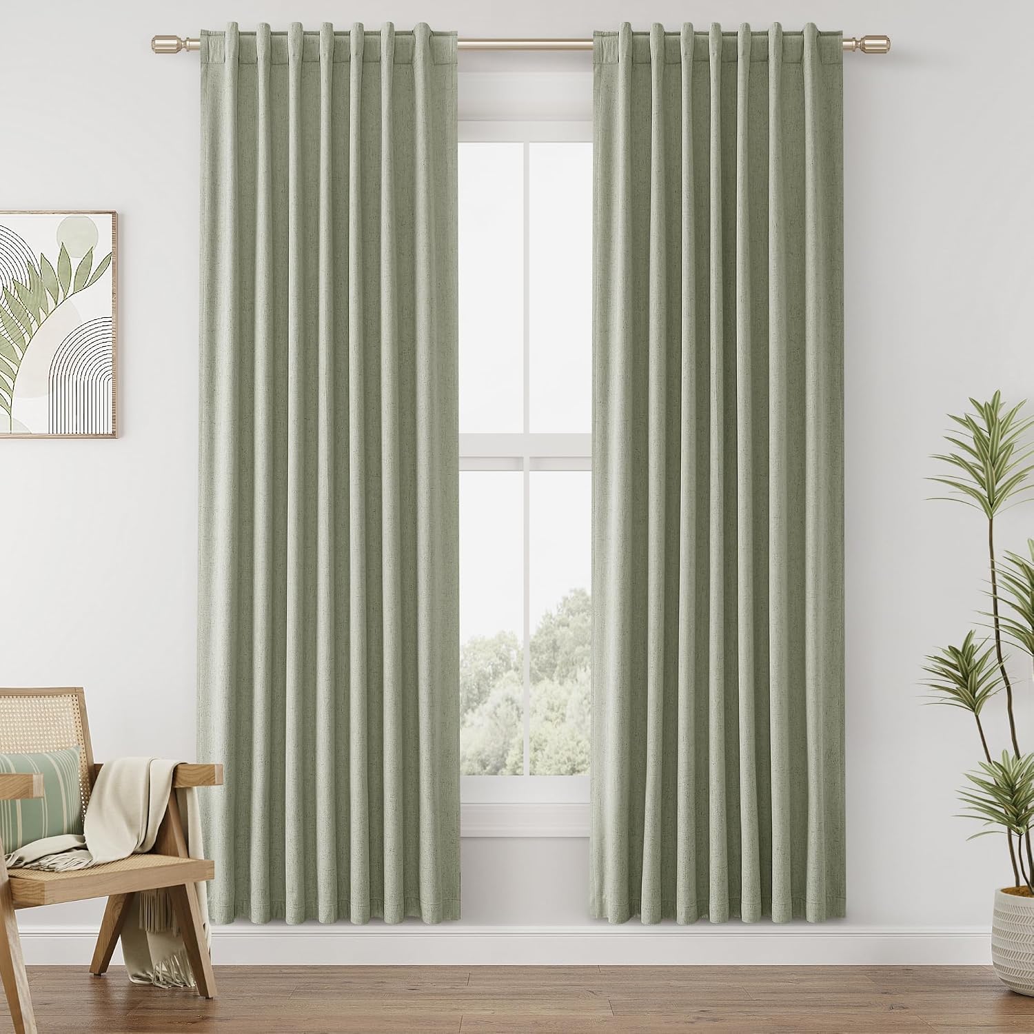 Guken Sage Green 100% Blackout Curtains 80 Inch Length 2 Panels Set for Living Room Bedroom Back Tab Thermal Insulated Black Out Linen Drap…