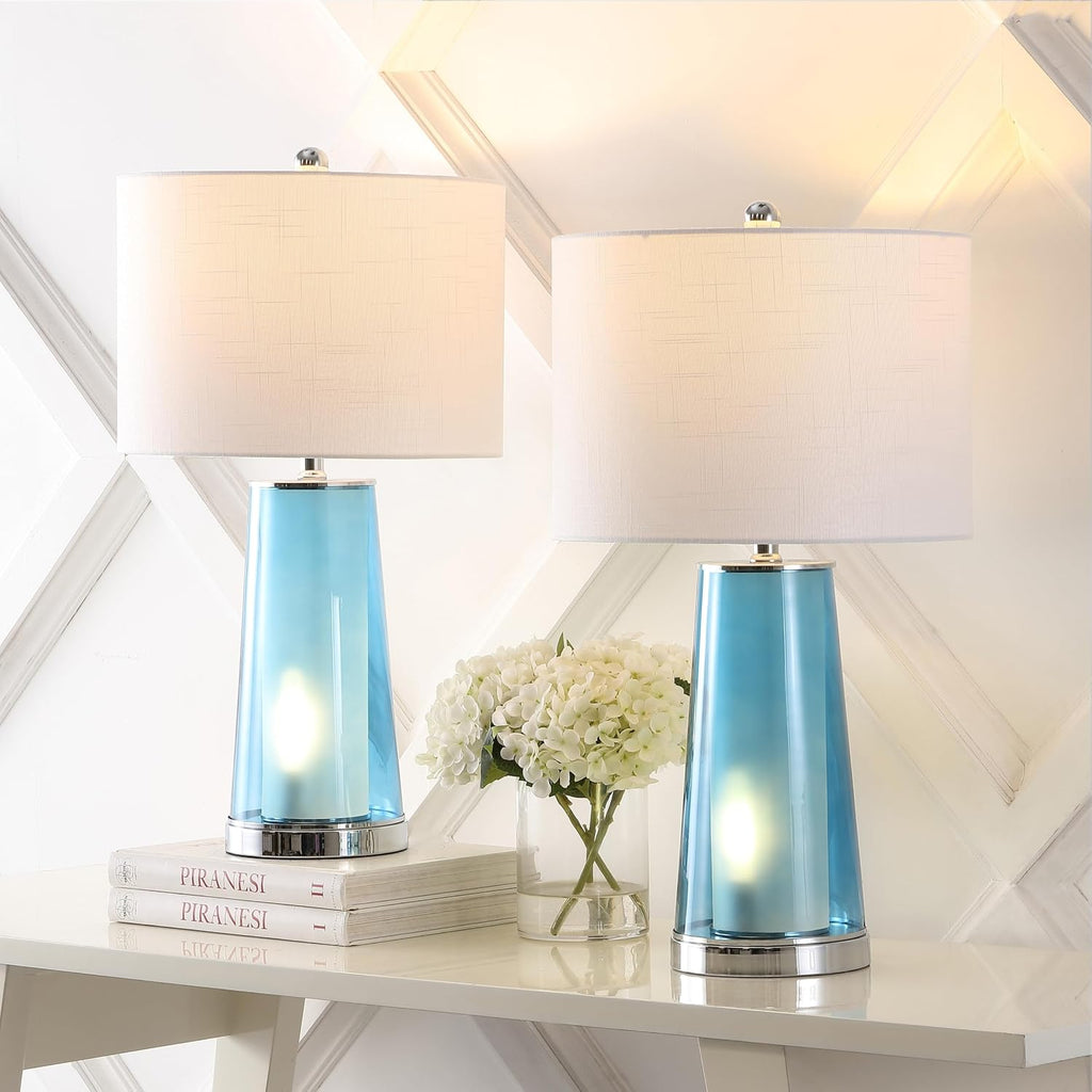 Jonathany JONATHAN Y 26" Chrome/Clear Blue Nightlight Table Lamp Set of 2 for Bedroom, Modern Glass Desk Lamps with White Fabric Shade, Far…