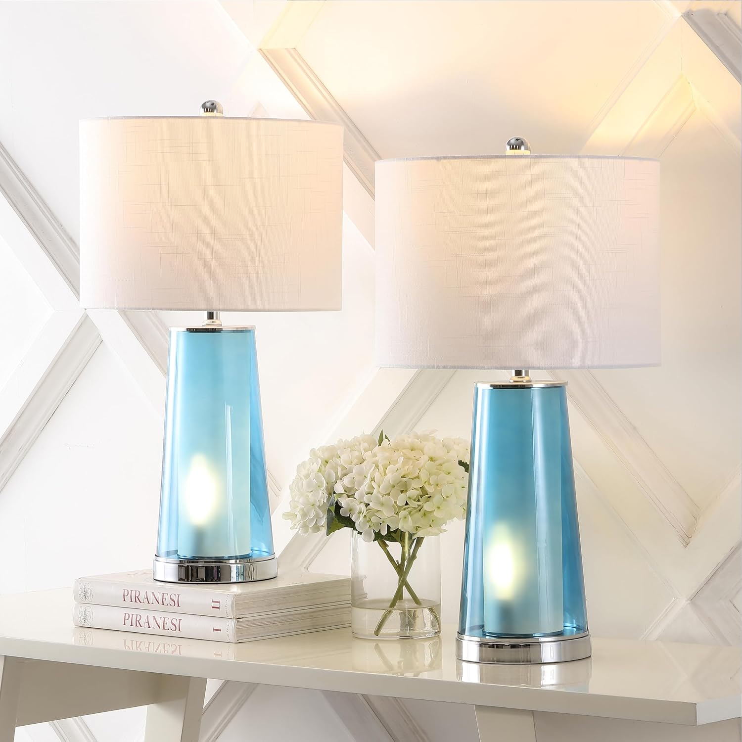 Jonathany JONATHAN Y 26" Chrome/Clear Blue Nightlight Table Lamp Set of 2 for Bedroom, Modern Glass Desk Lamps with White Fabric Shade, Far…