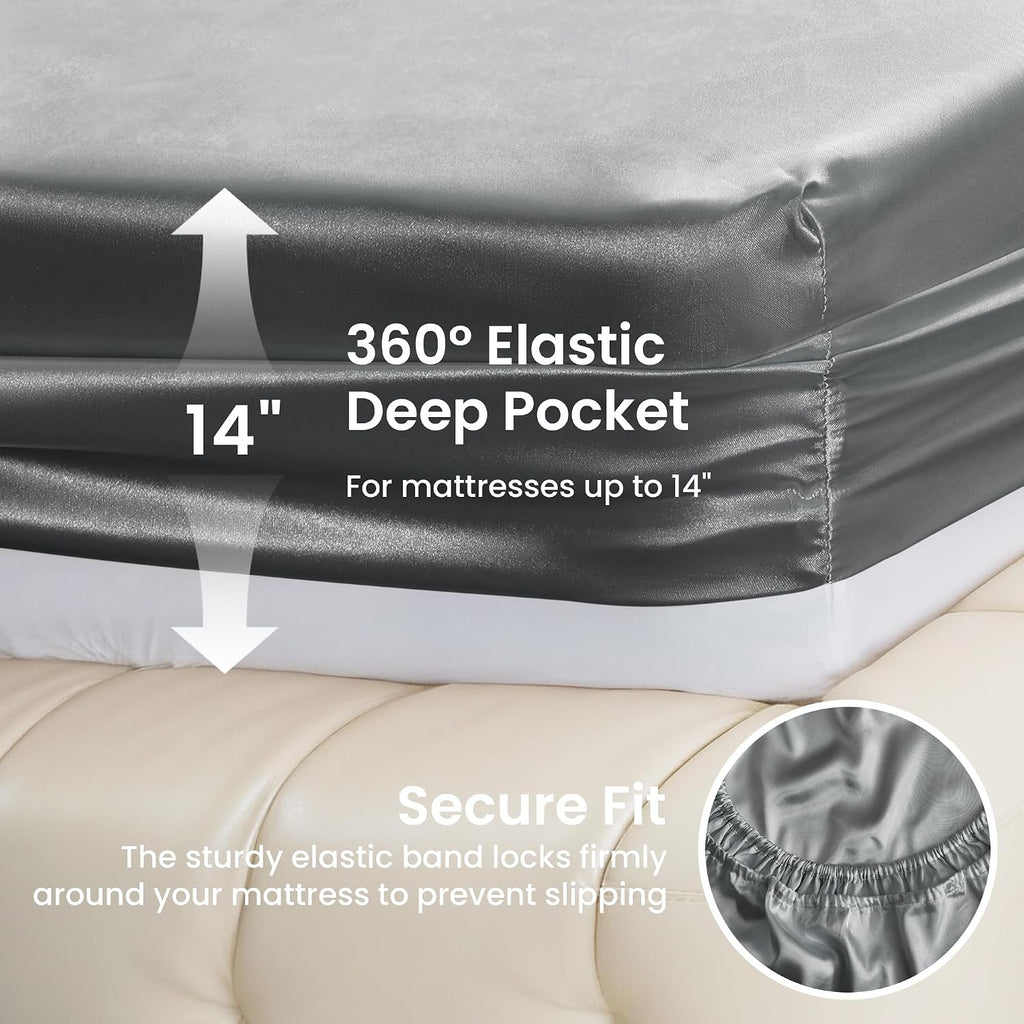 Lovescabin Love's cabin California King Satin Sheet Sets - 4 Piece Dark Grey Silky Sheets Bed Set with Deep Pocket, Luxury Silk Feel Satin…