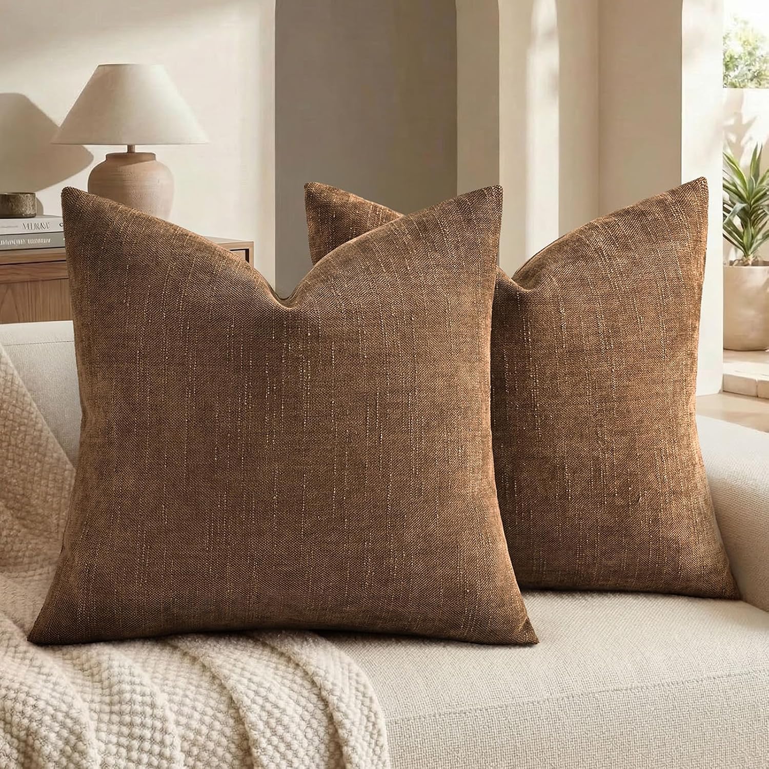 decorUhome Chenille Throw Pillow Covers 22x22 Set of 2, Square Decorative Pillow Covers with Zipper for Couch, Sofa, Living Room, Bronze