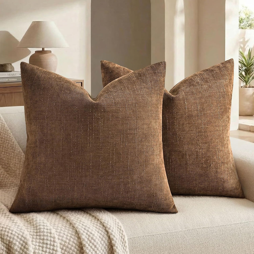 decorUhome Chenille Throw Pillow Covers 18x18 Set of 2, Square Decorative Pillow Covers with Zipper for Couch, Sofa, Living Room, Bronze