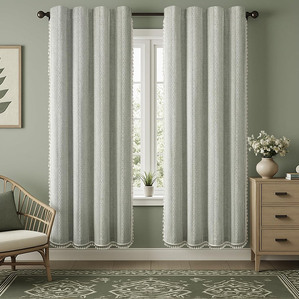 XOGUIBO Sage Green Boho Blackout Curtains 2 Panels 84 Inch for Living Room Bedroom, Linen Texture Farmhouse Curtains with Tassels an…