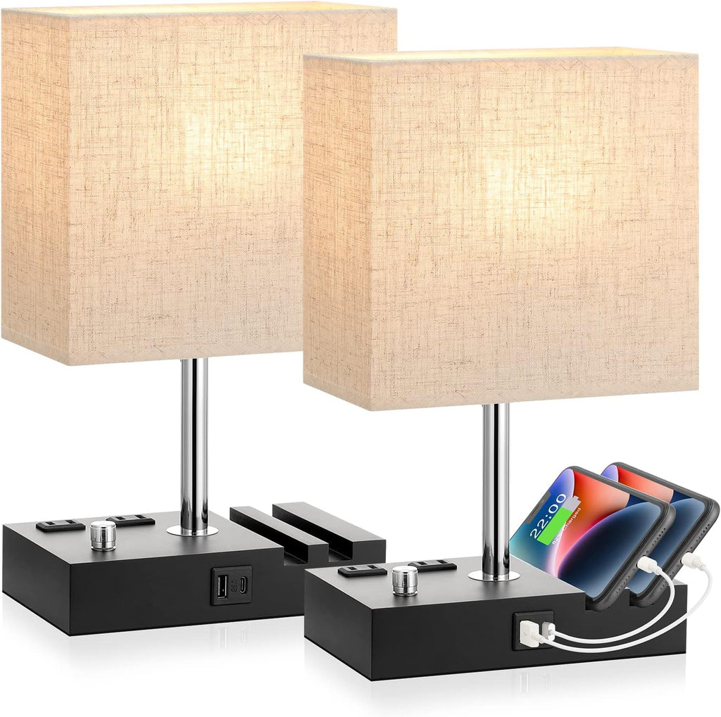Bedside Lamps for Bedroom Set of 2, Kakanuo Fully Dimmable Small Beige Nightstand Lamps with USB C Ports and 2 Charging Outlets, Wooden…
