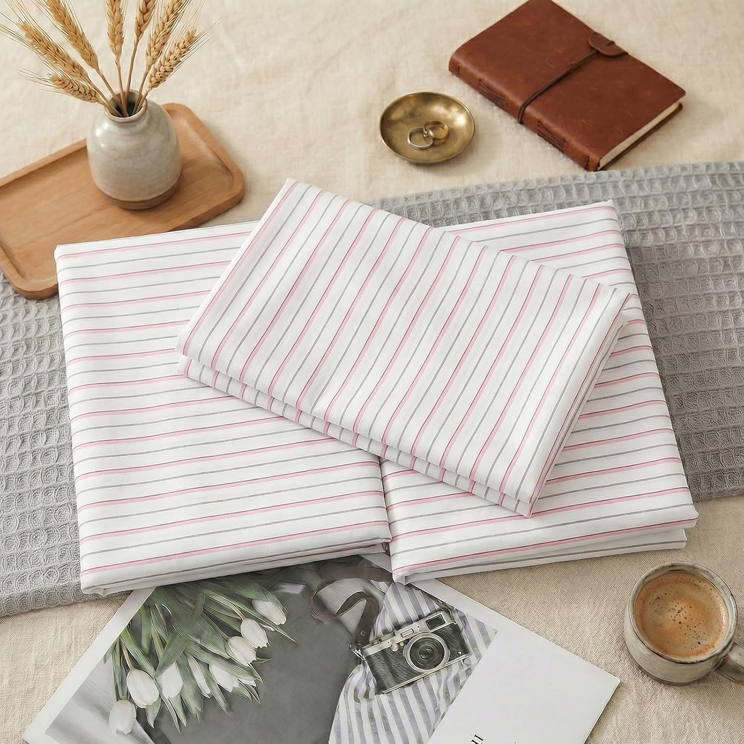 Merryword King Size Pillowcases, 100% Cotton Pillow Cases, White & Pink Striped Pillowcases, Soft Breathable Ticker Stripe Pillow Covers, S…