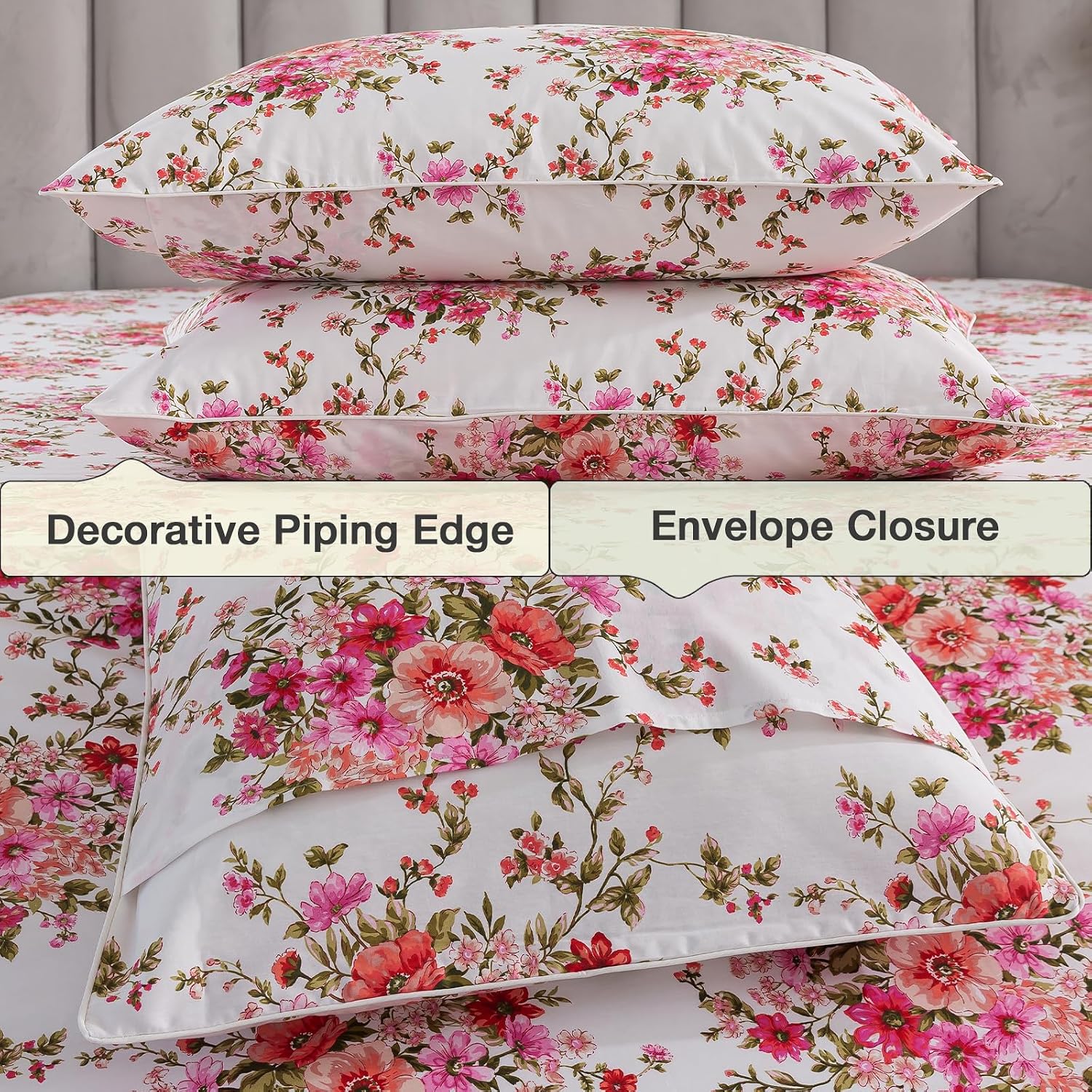 Puralens Pink Floral Boho Duvet Cover King Size 100% Cotton 3Pcs Set, White Percale Reversible Shabby Red Flower Print Chic Duvet Covers, C…