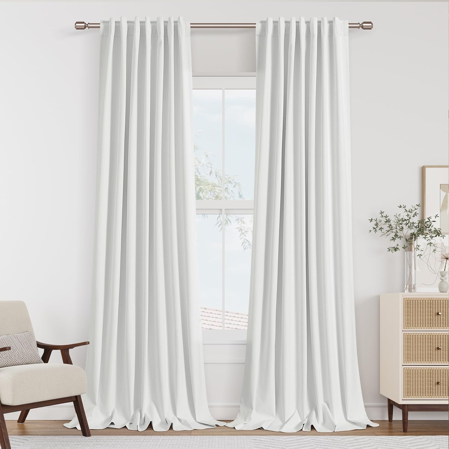 Guken White 100% Blackout Linen Curtains 52 Inch Wide by 138 Inch for Living Room Bedroom Back Tab Thermal Insulated Black Out Linen 2 Drap…
